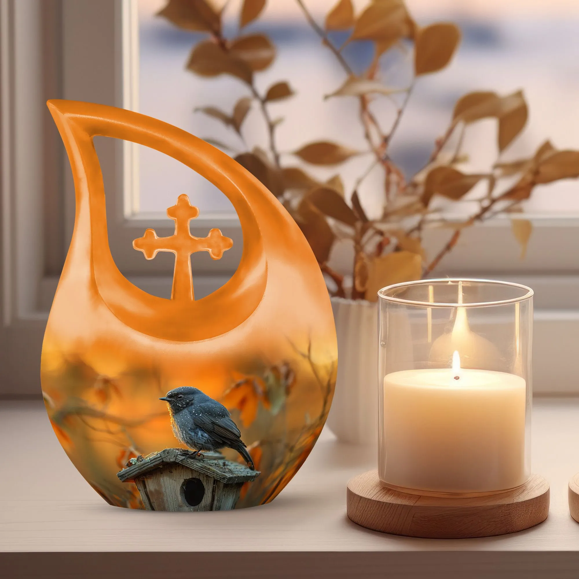 A Blackbird's Watchful Funeral Urn for Ashes, Unique Keepsake
