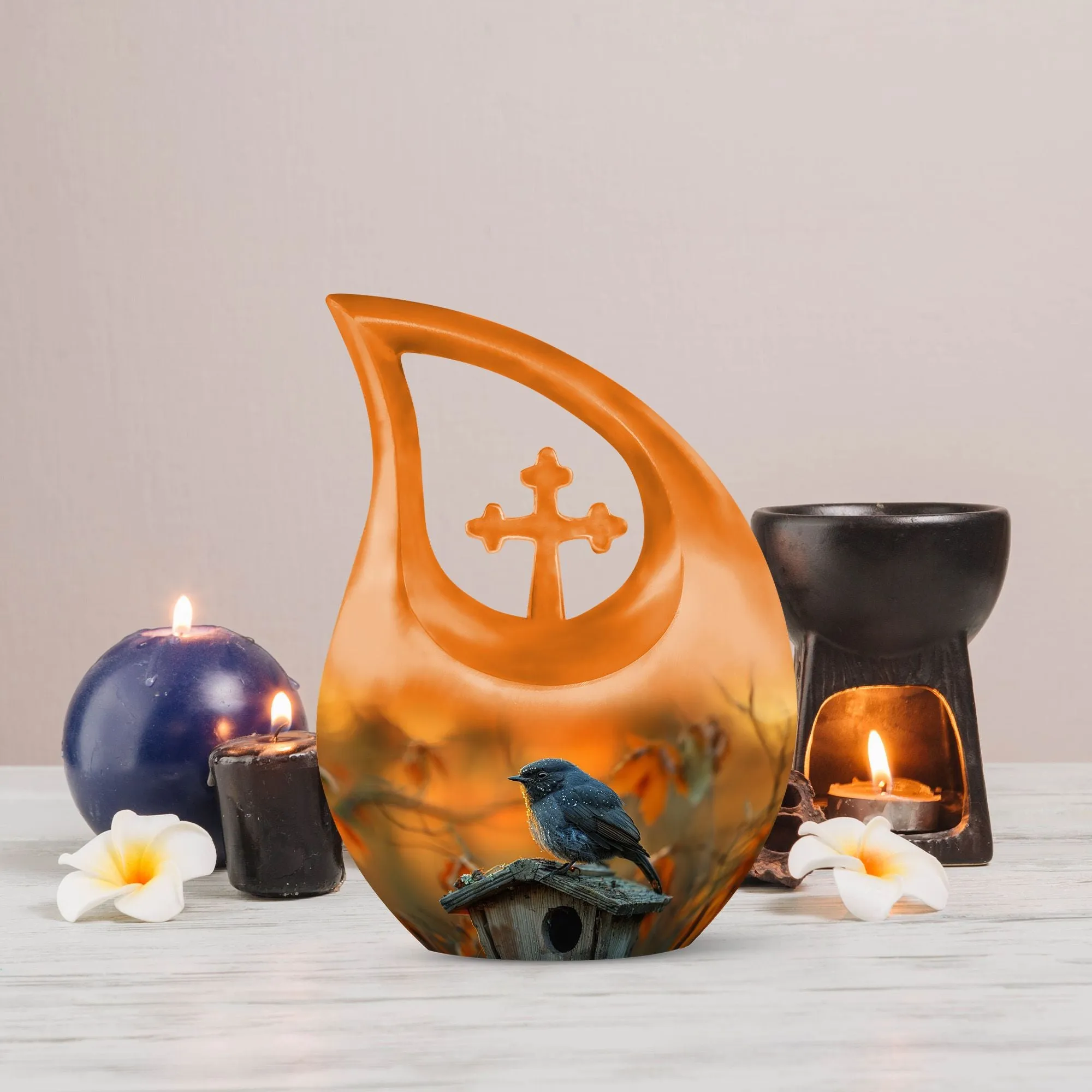 A Blackbird's Watchful Funeral Urn for Ashes, Unique Keepsake