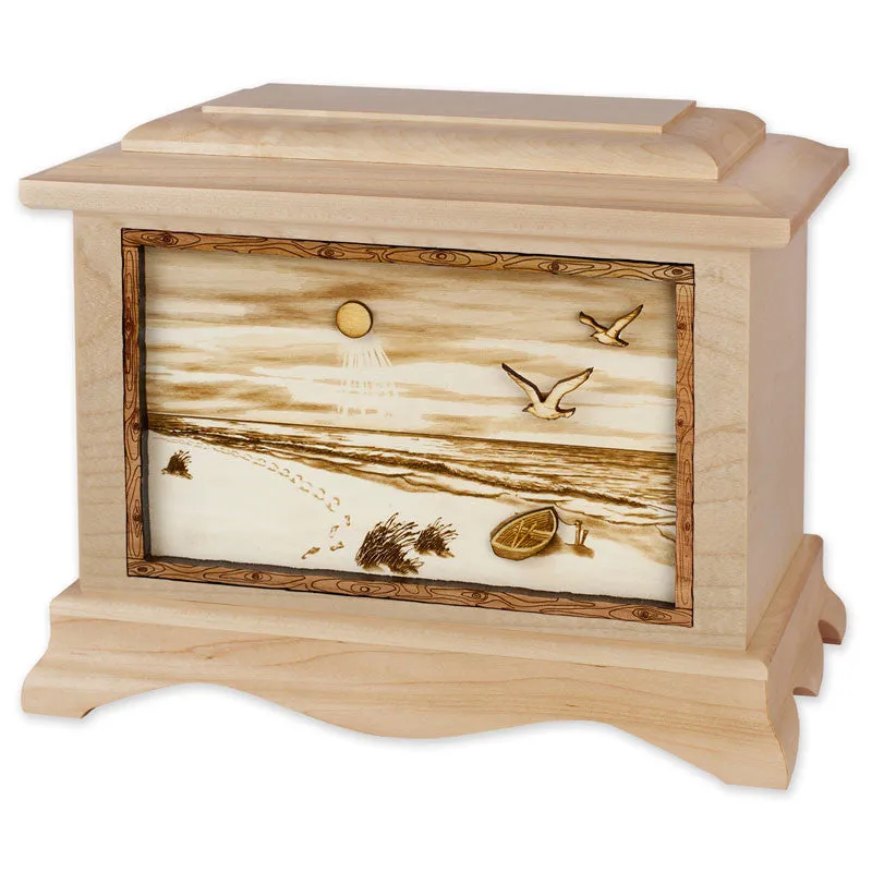 A Walk on the Beach Wood Cremation Urn with 3D Inlay Art