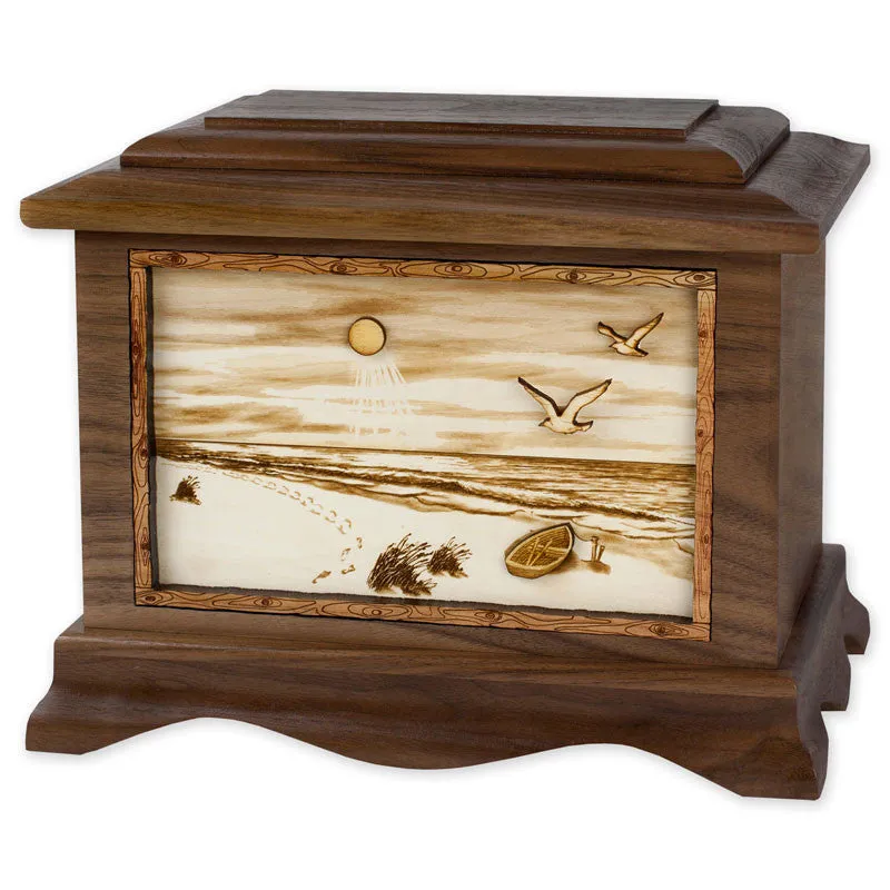 A Walk on the Beach Wood Cremation Urn with 3D Inlay Art