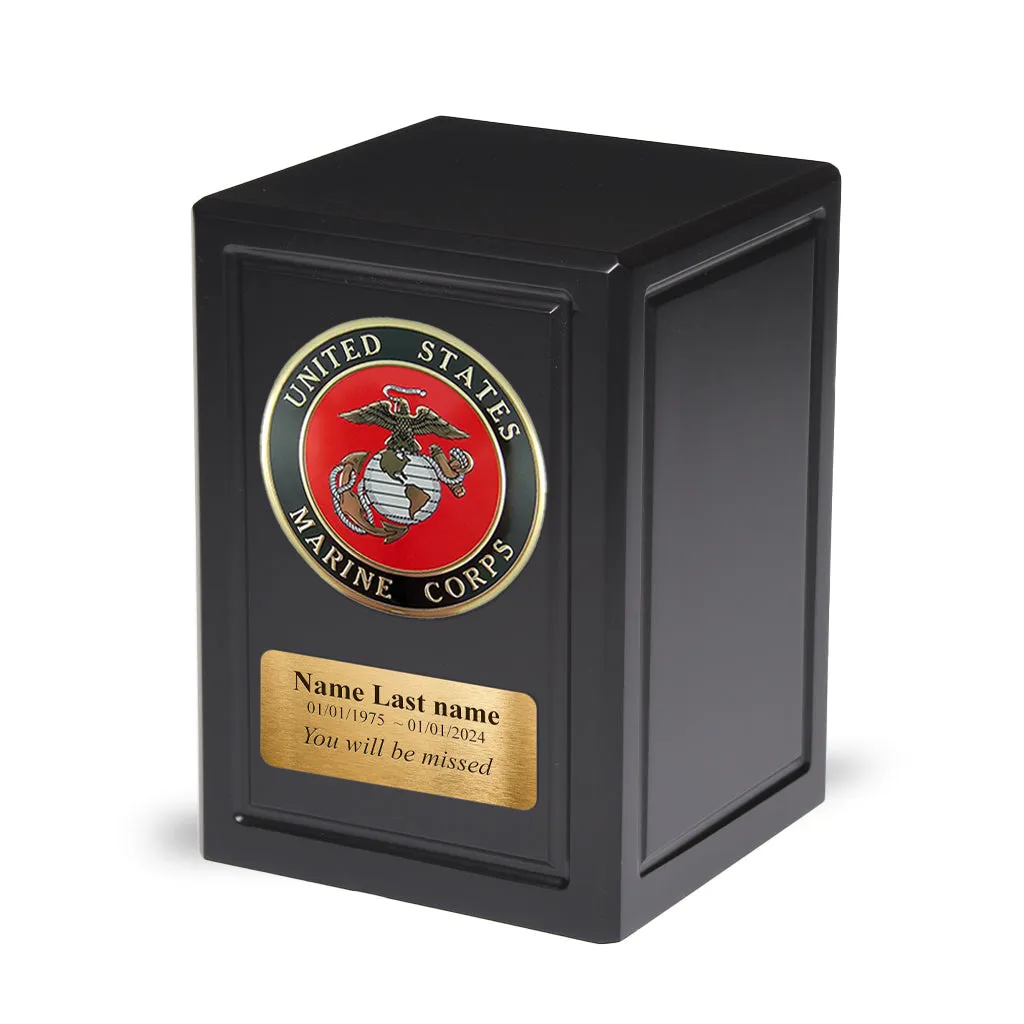 ADULT - Basswood  Urn  -AW04- Black with Military Emblem and Optional Plate
