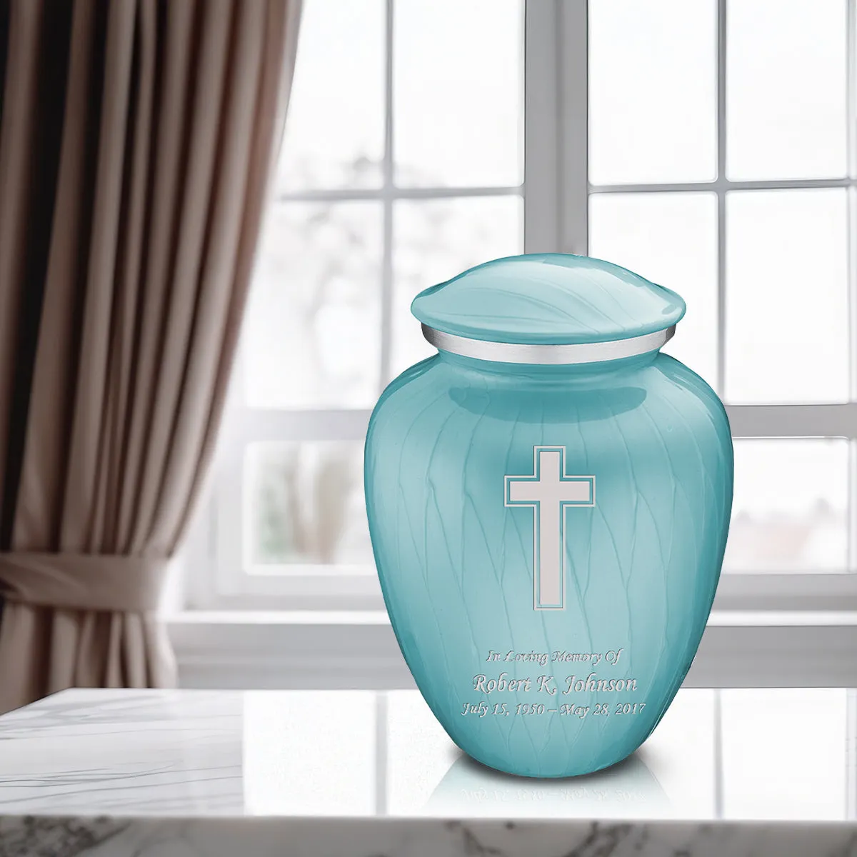 Adult Embrace Pearl Light Blue Simple Cross Cremation Urn