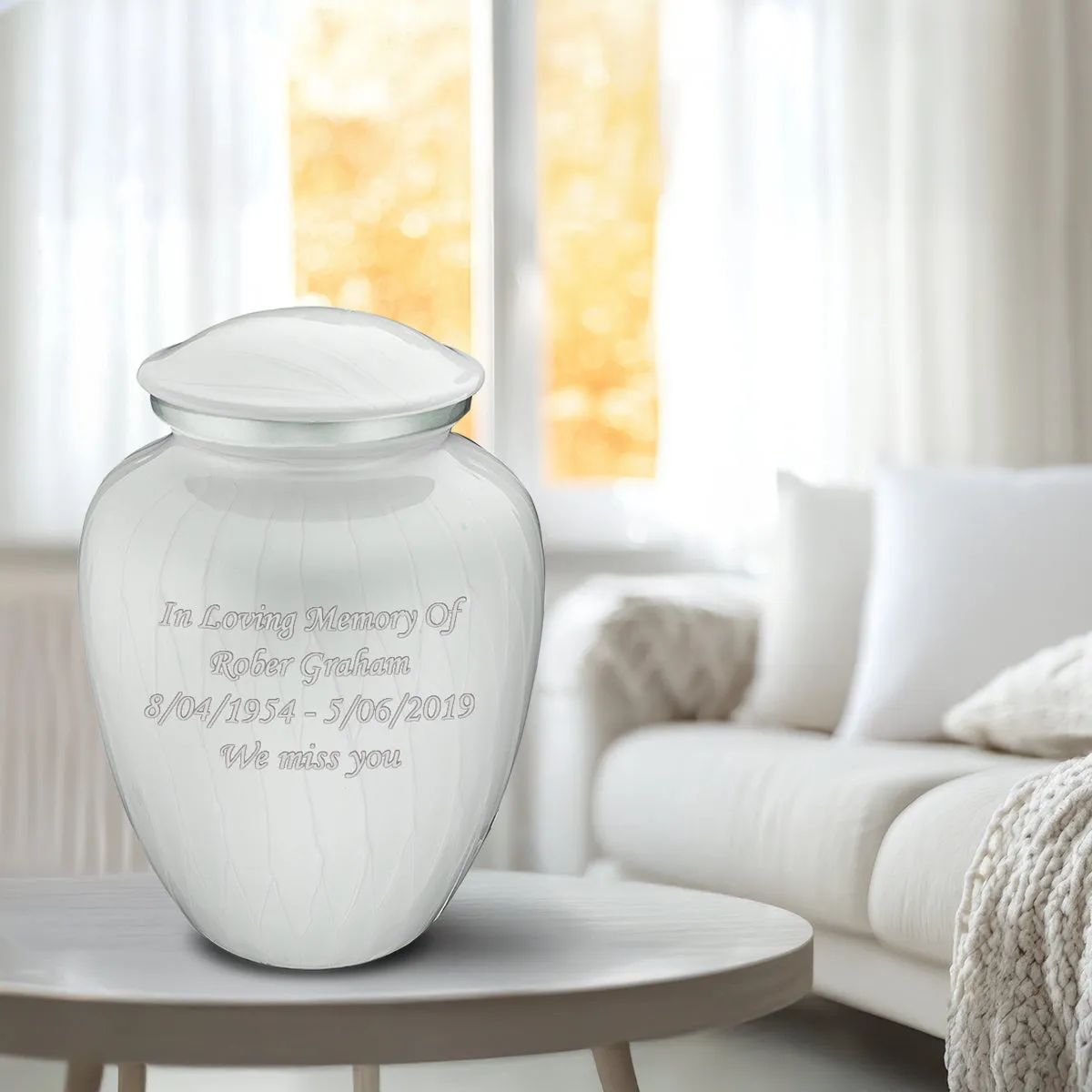 Adult Embrace Pearl White Custom Engraved Cremation Urn