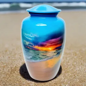 Adult funeral cremation urn | Beach Scene Cremation Urn for human ashes | Wonderful colors | Quality Urns For Less | Beautiful Beach scene