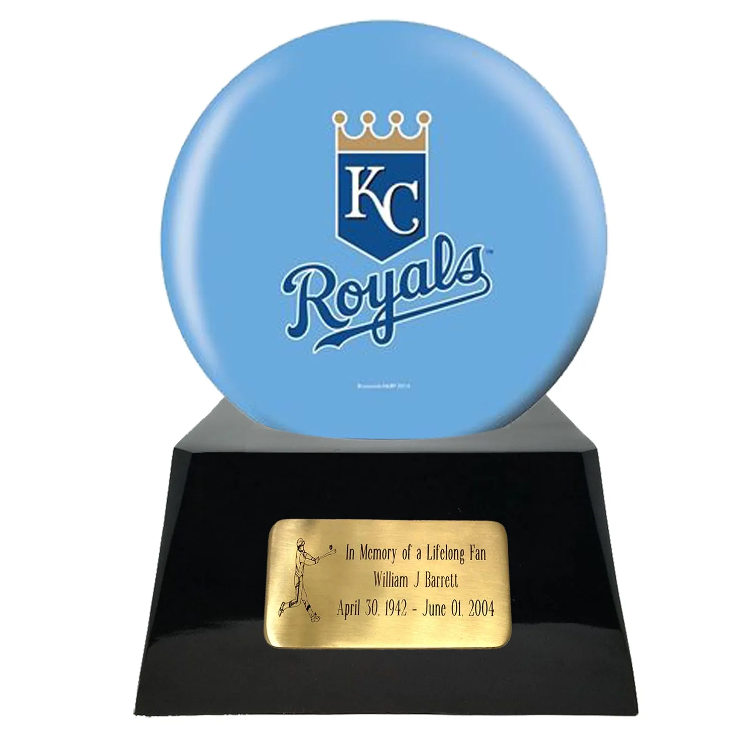 Baseball Cremation Urn with Optional Kansas City Royals Ball Decor and Custom Metal Plaque
