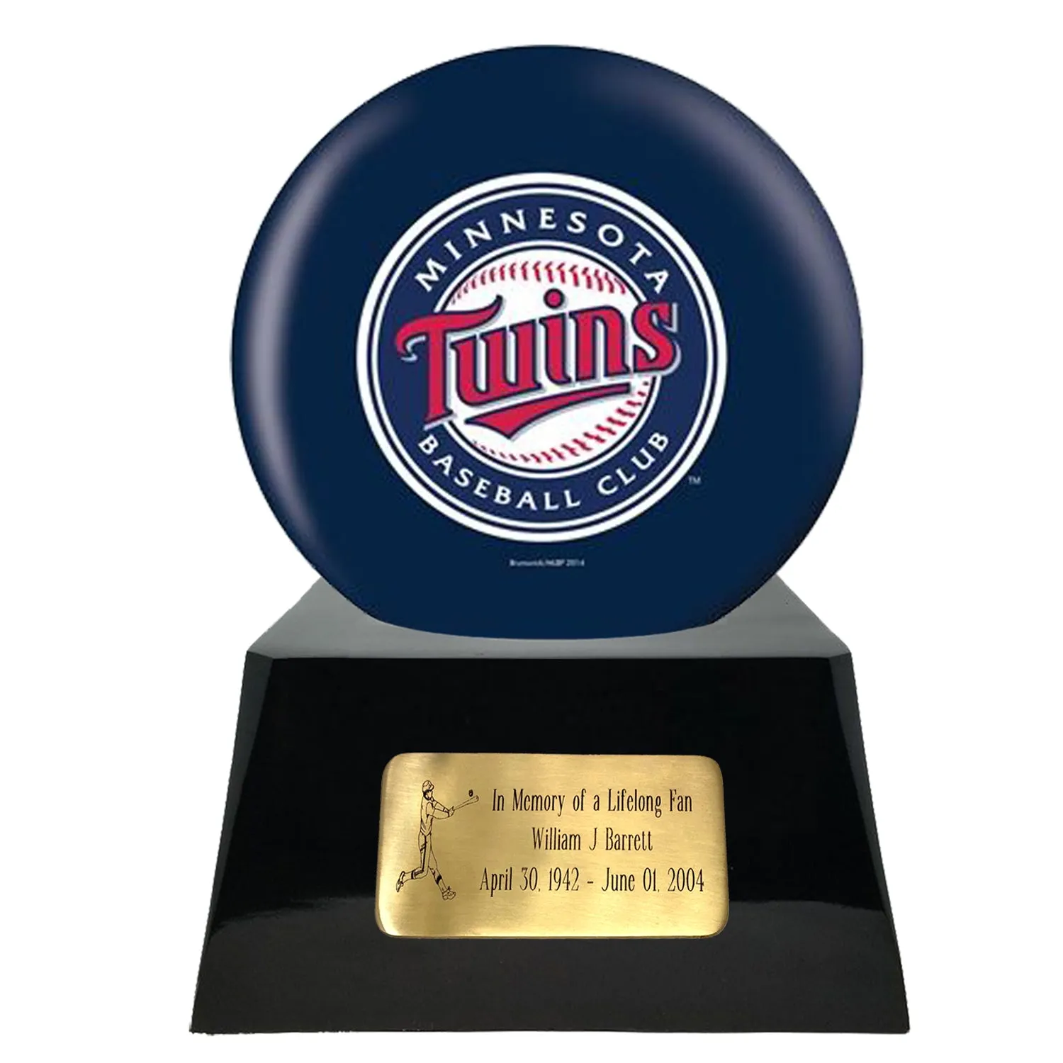Baseball Cremation Urn with Optional Minnesota Twins Ball Decor and Custom Metal Plaque