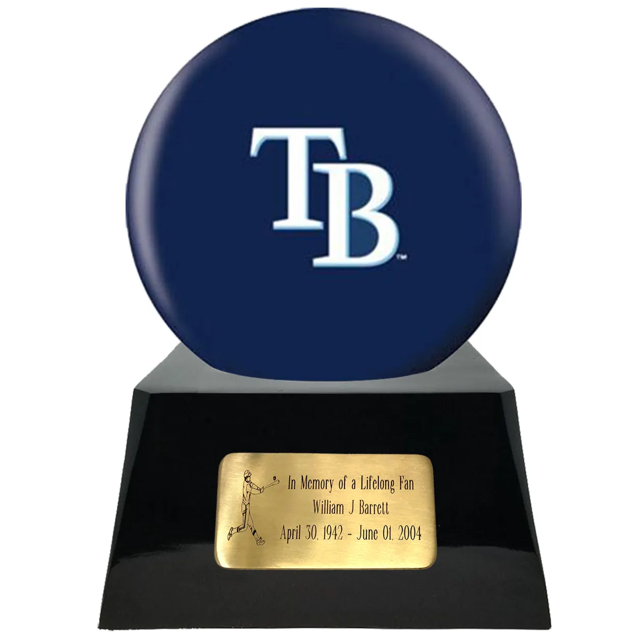 Baseball Cremation Urn with Optional Tampa Bay Rays Ball Decor and Custom Metal Plaque