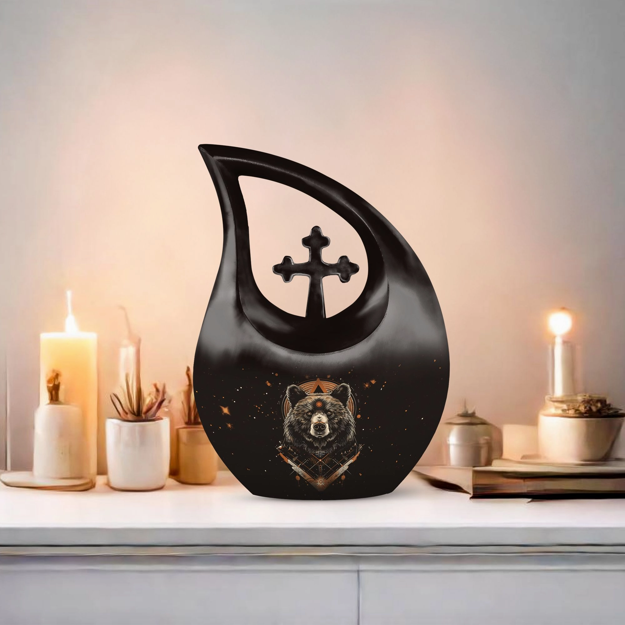 Bear Tribute: Cross Drop Design Hand-Crafted Metal Urn for Ashes