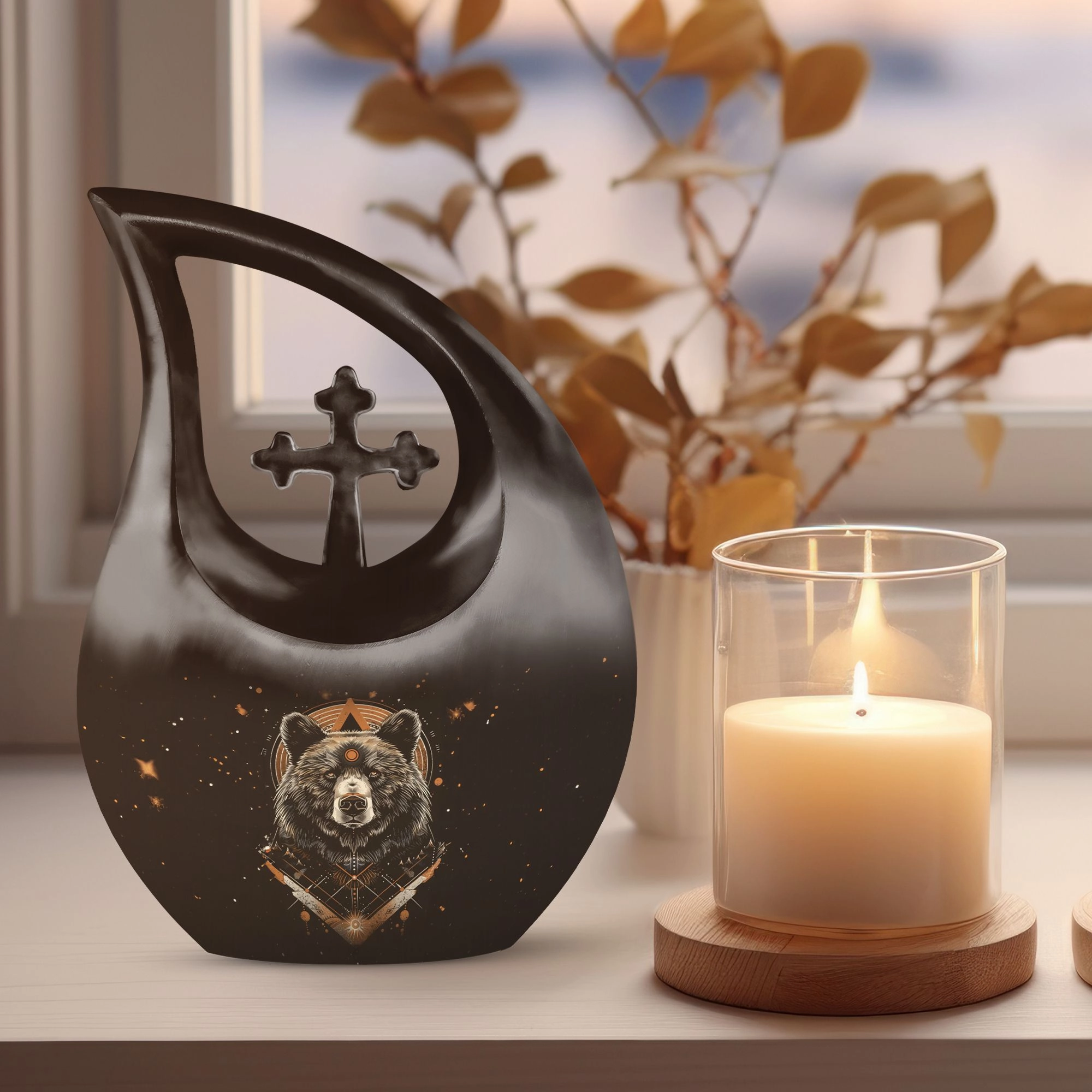 Bear Tribute: Cross Drop Design Hand-Crafted Metal Urn for Ashes