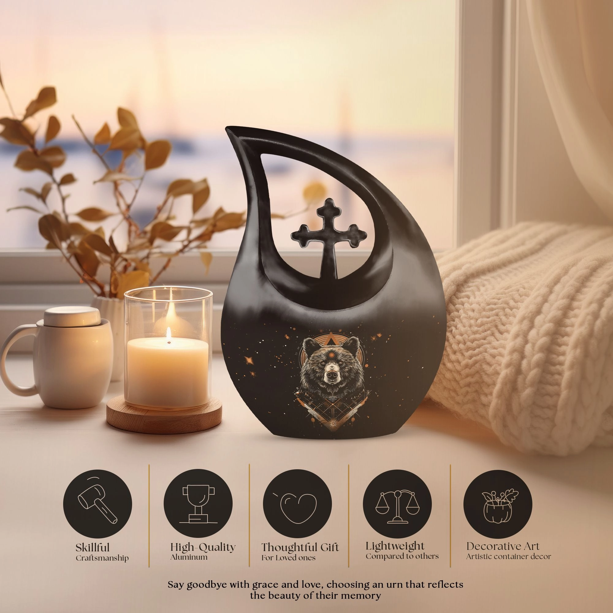 Bear Tribute: Cross Drop Design Hand-Crafted Metal Urn for Ashes