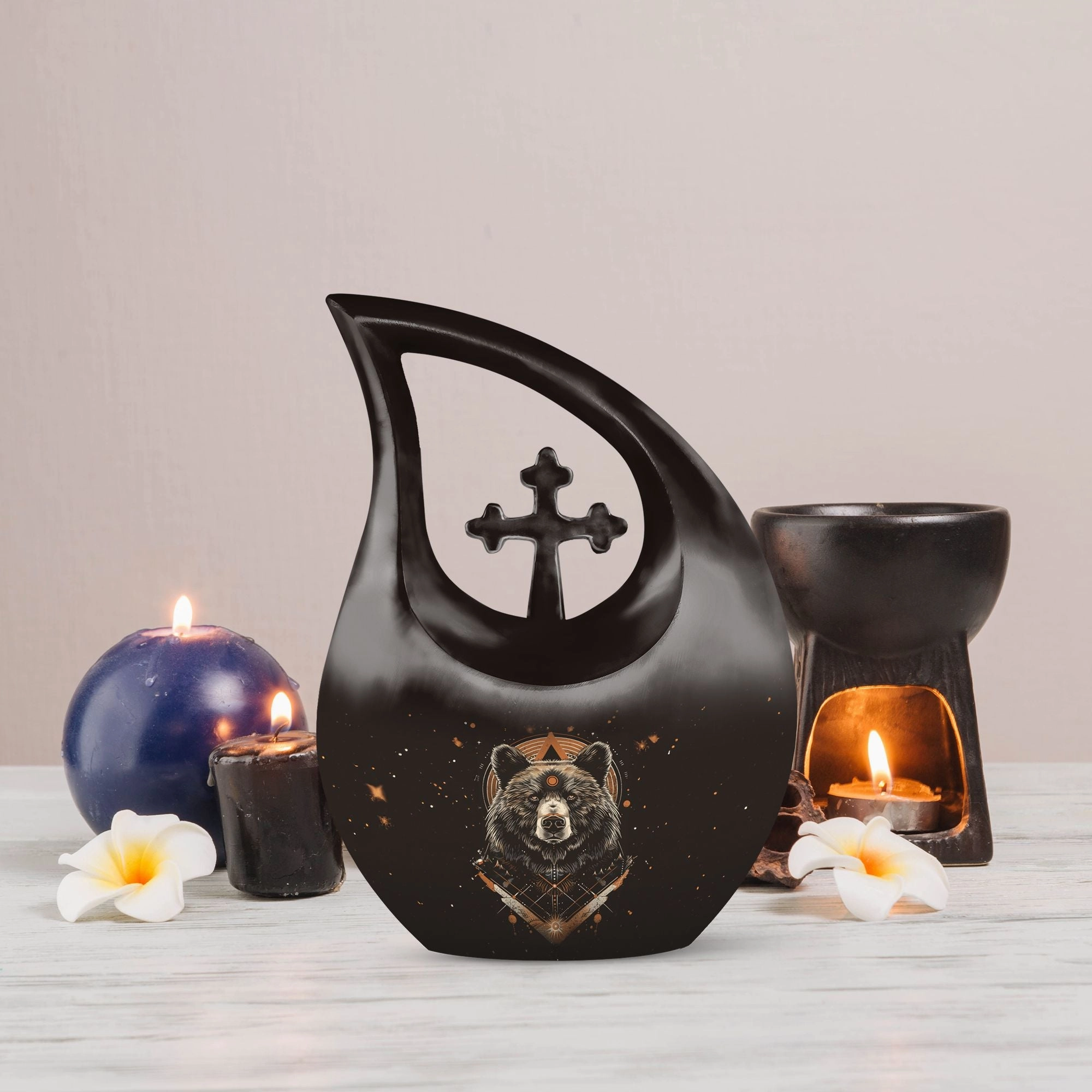 Bear Tribute: Cross Drop Design Hand-Crafted Metal Urn for Ashes