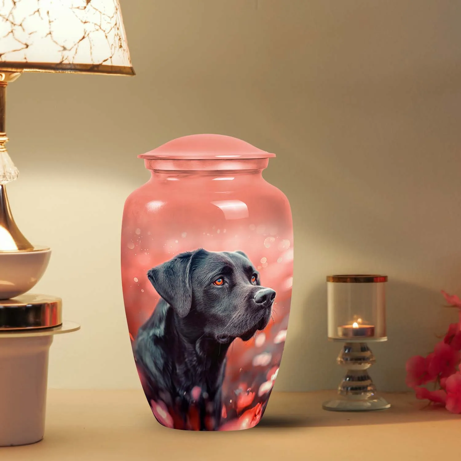 Black Labrador Cremation Urn - Coral Pink Pet Memorial Urn