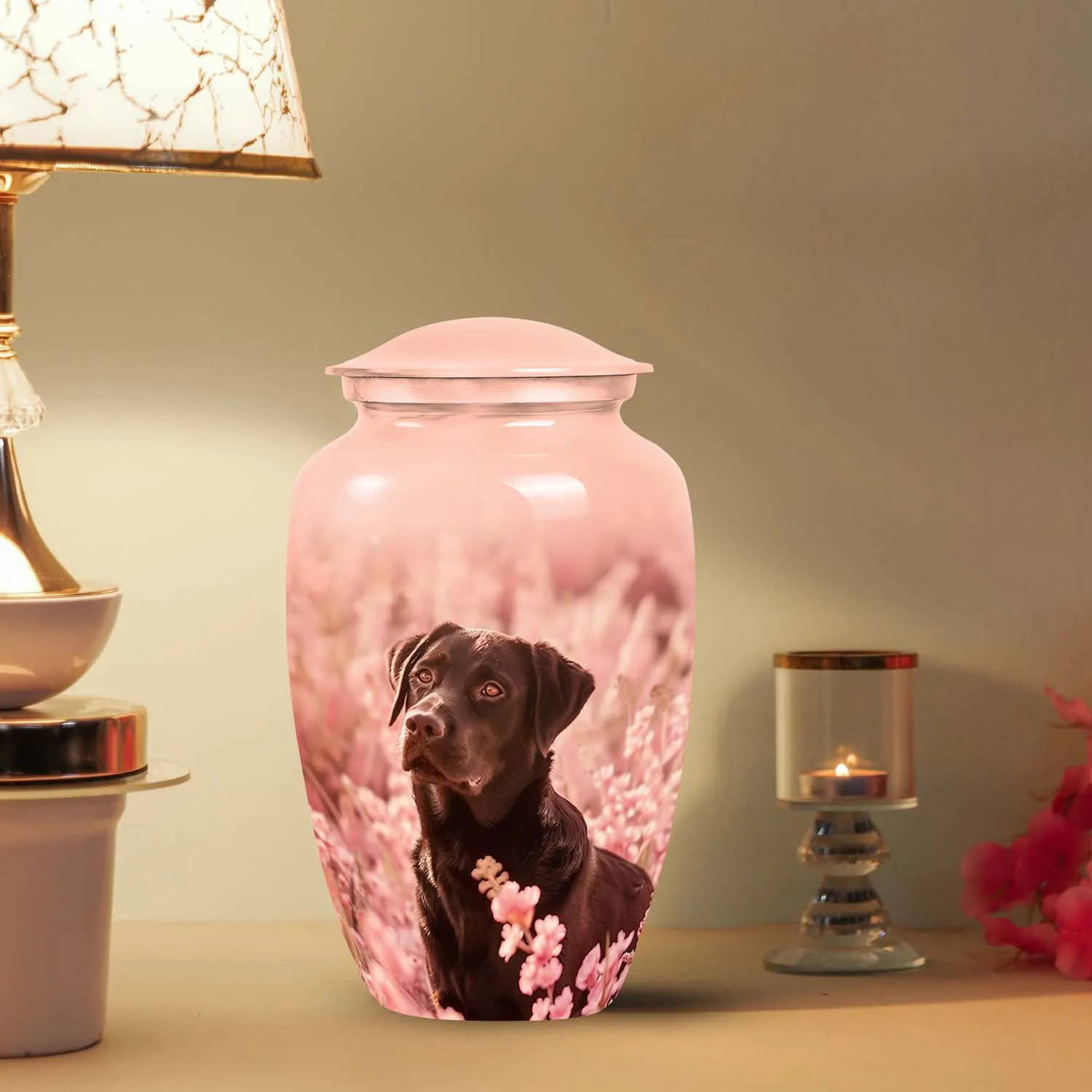 Black Labrador Dog Cremation Urn - Light Pink Memorial Urn