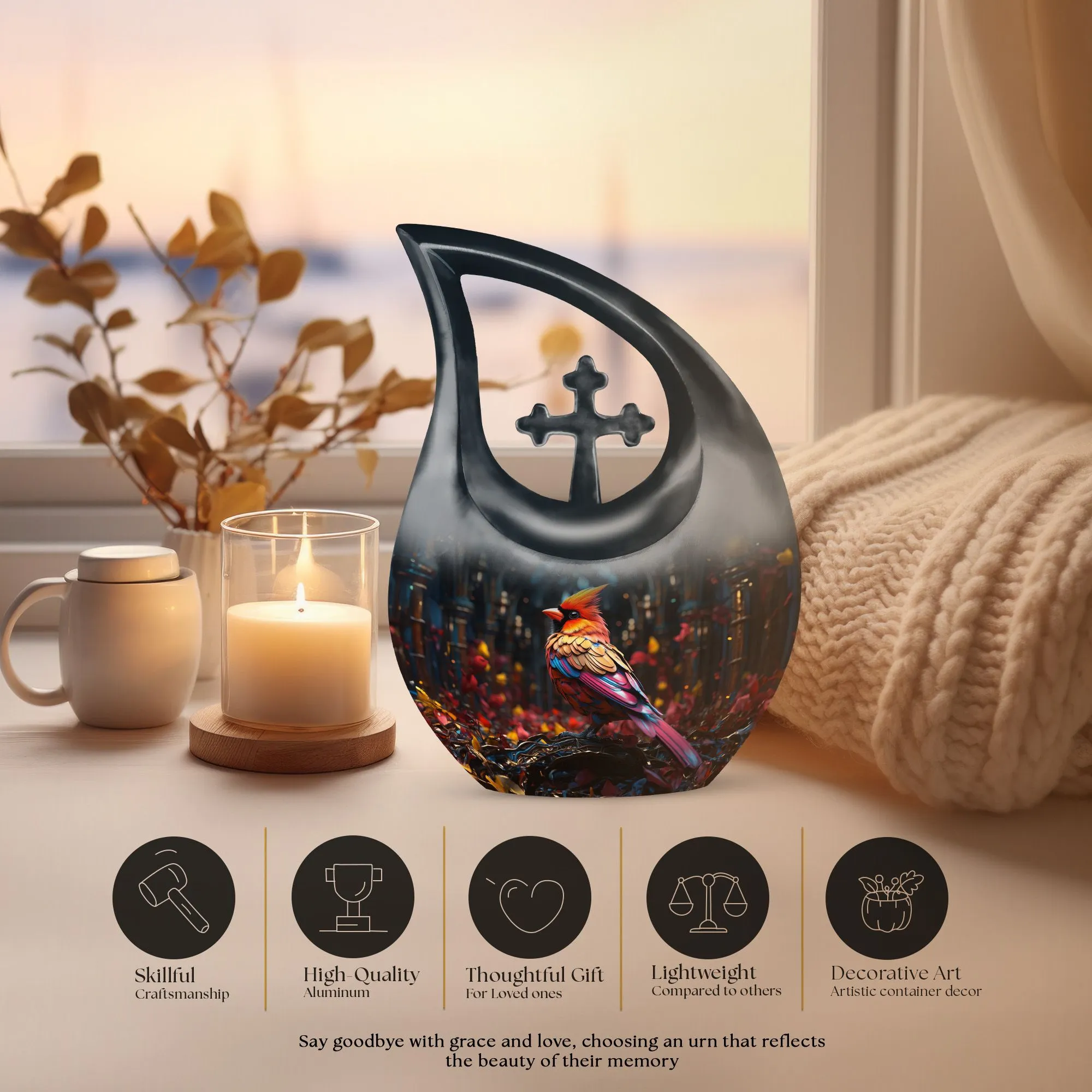 Cardinal Bird Urn : Container For Cremated Adult Human Ashes