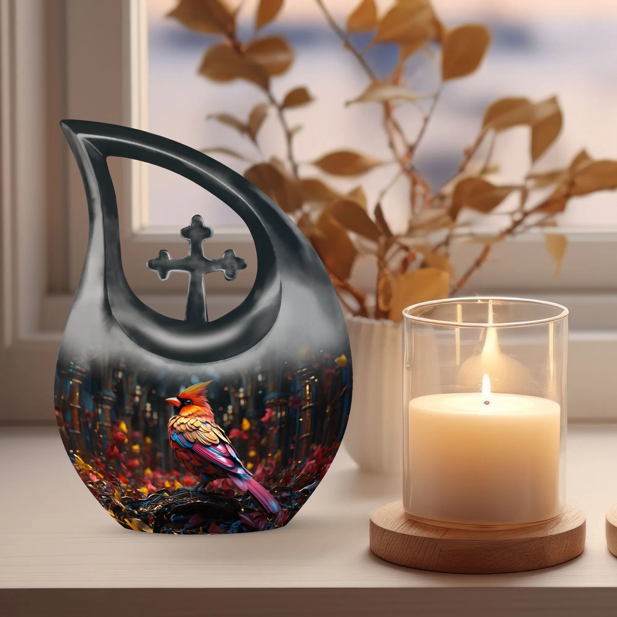 Cardinal Bird Urn : Container For Cremated Adult Human Ashes