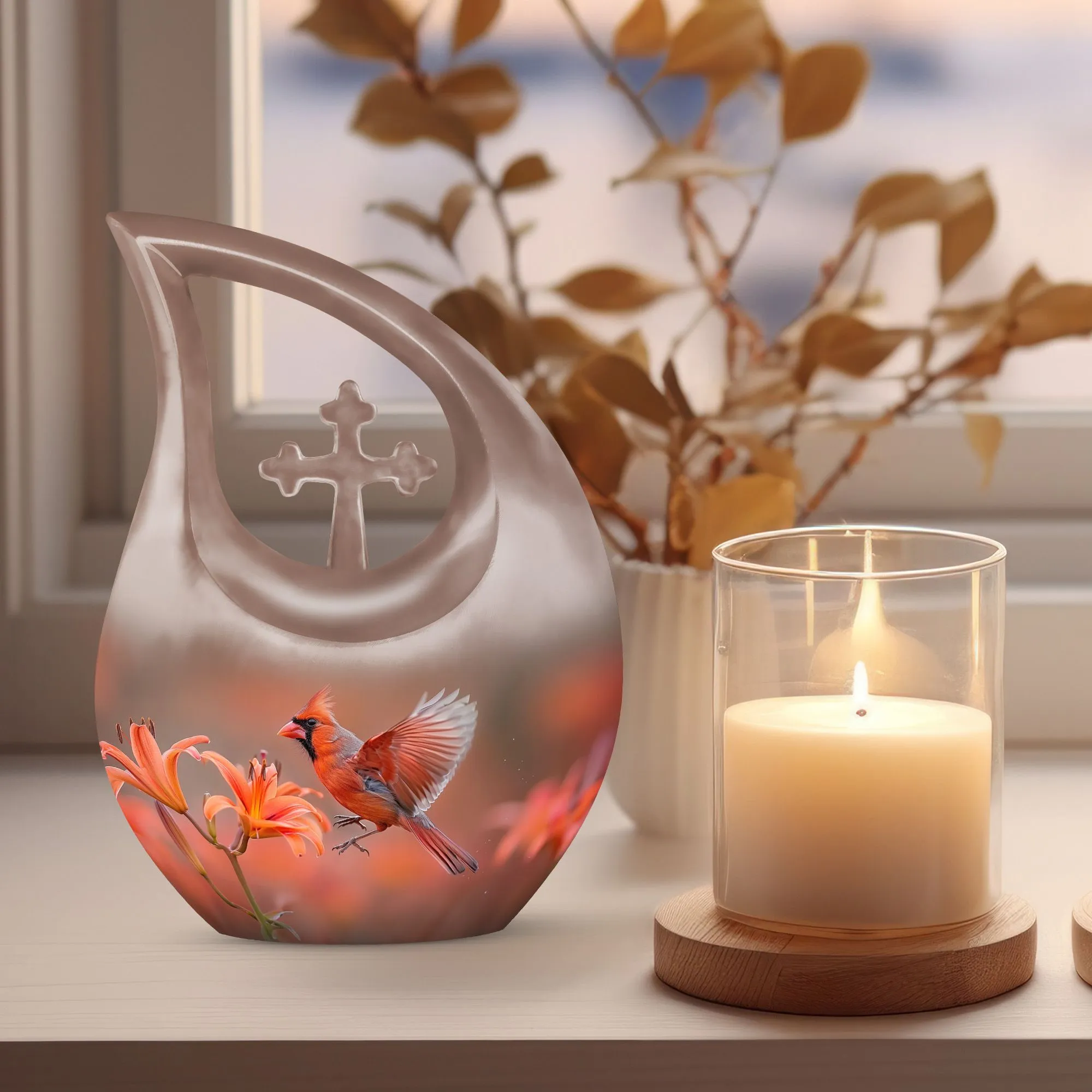 Cardinal Bird Urn Cross Drop Memorial - Honouring Lifetime Memories