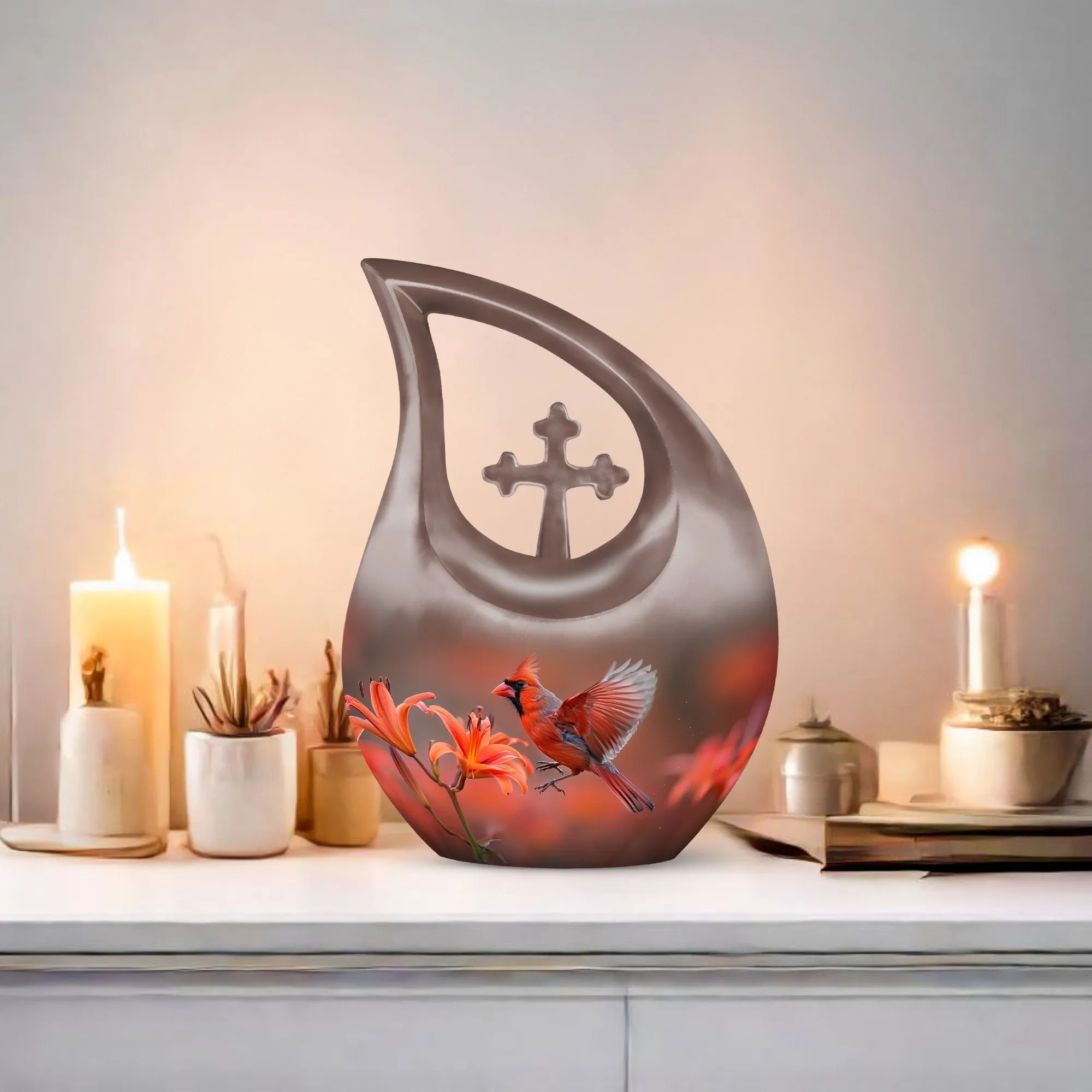 Cardinal Bird Urn Cross Drop Memorial - Honouring Lifetime Memories