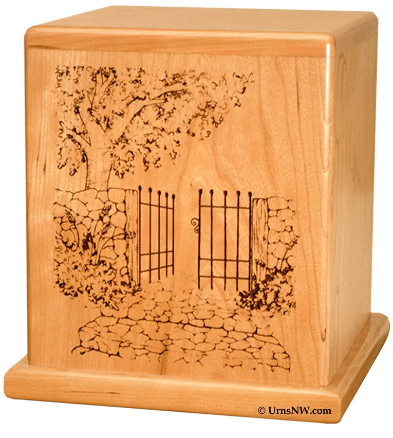 Cherry Wood Cremation Urn with Garden Gate Made in the USA