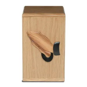 CLEARANCE - ADULT Solid Oak Tower Urn with Artisan Applique  - Praying Hands 2