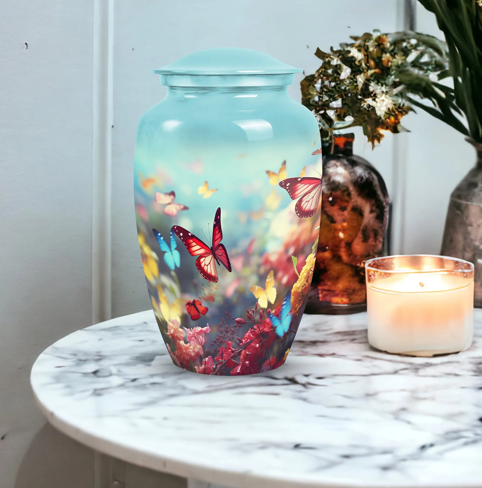 Colorful Butterflies Fly In A Meadow Companion Urns Size 10inch
