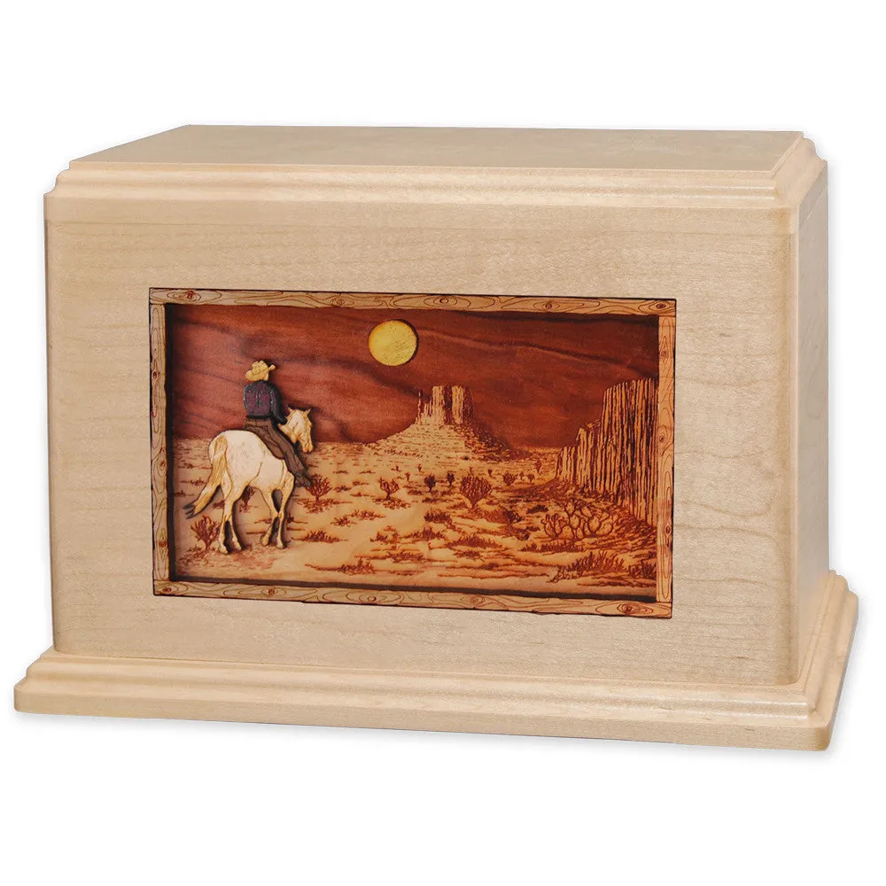 Companion Cremation Urn with Cowboy Horse & Rider 3D Wood Inlay