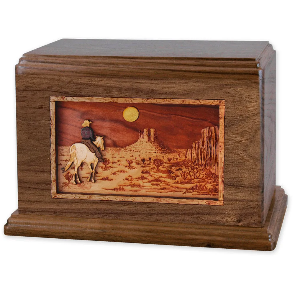 Companion Cremation Urn with Cowboy Horse & Rider 3D Wood Inlay