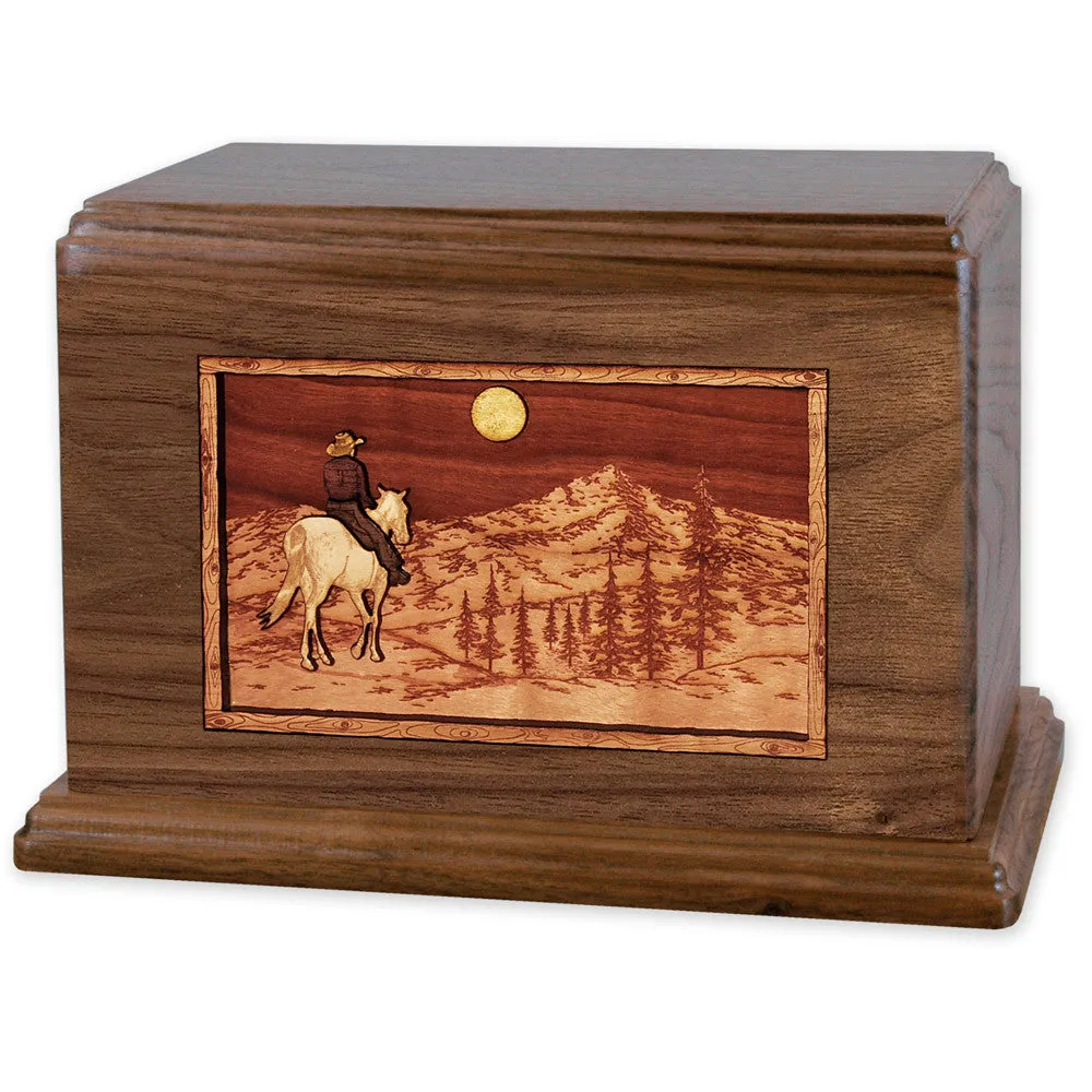 Companion Cremation Urn with Cowboy Horse & Rider 3D Wood Inlay