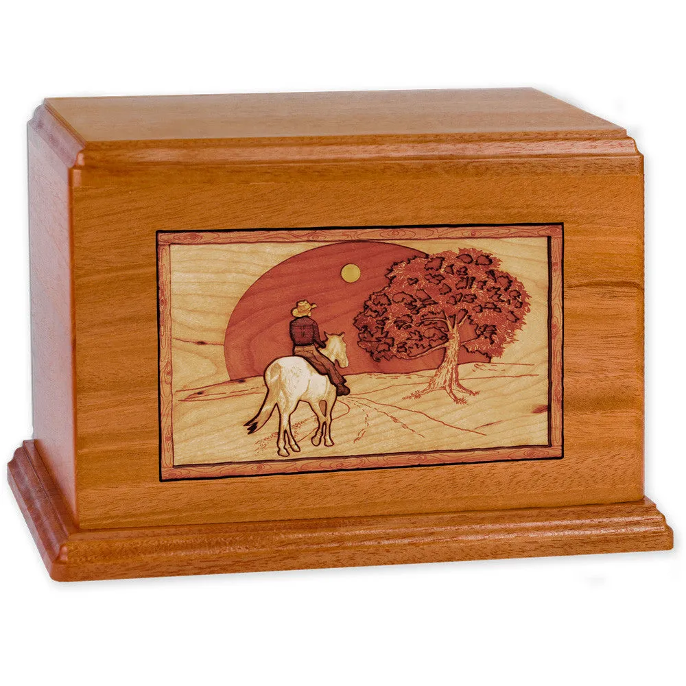 Companion Cremation Urn with Cowboy Horse & Rider 3D Wood Inlay