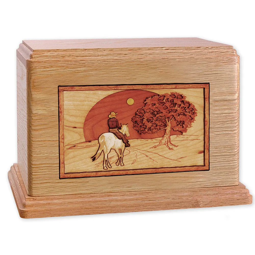 Companion Cremation Urn with Cowboy Horse & Rider 3D Wood Inlay