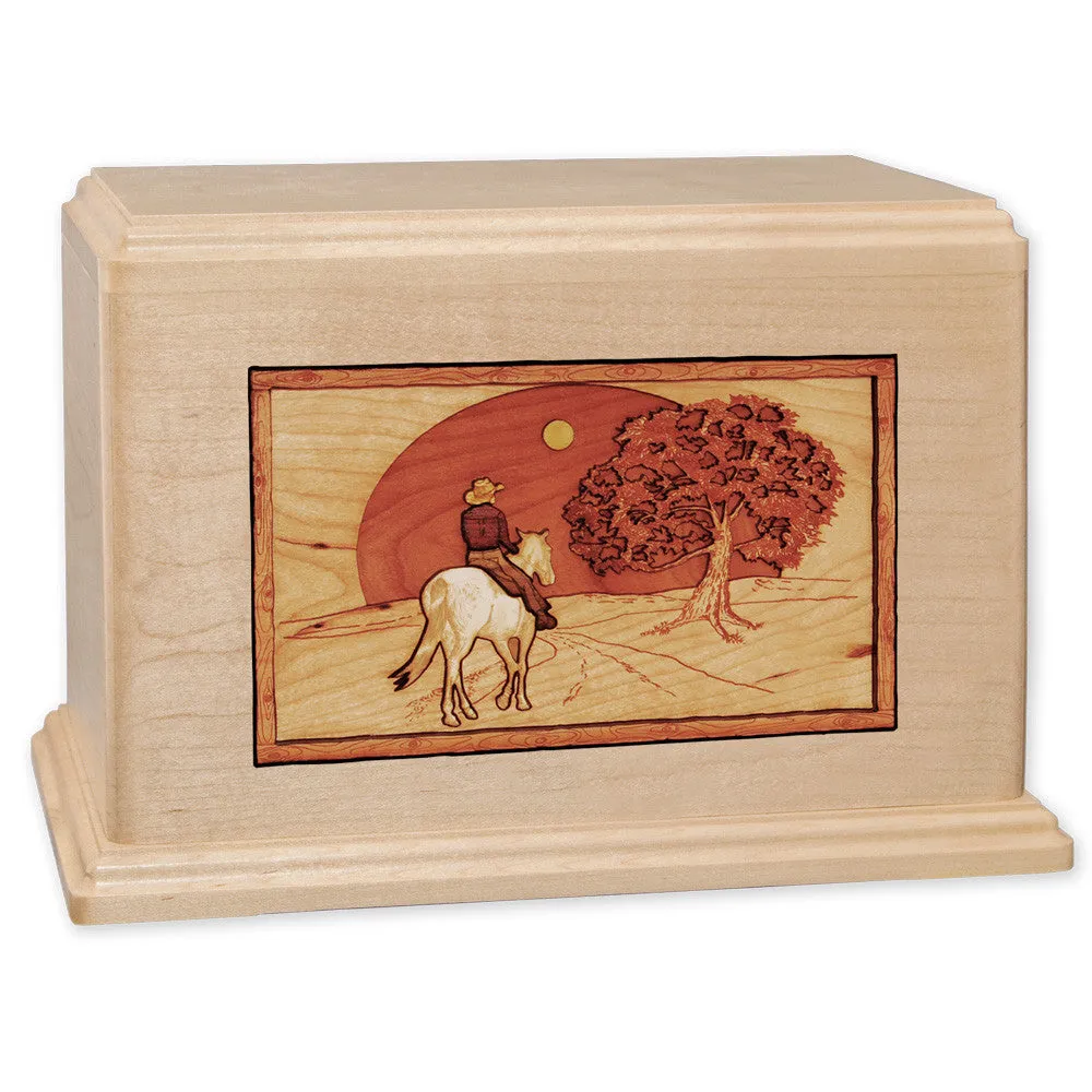 Companion Cremation Urn with Cowboy Horse & Rider 3D Wood Inlay