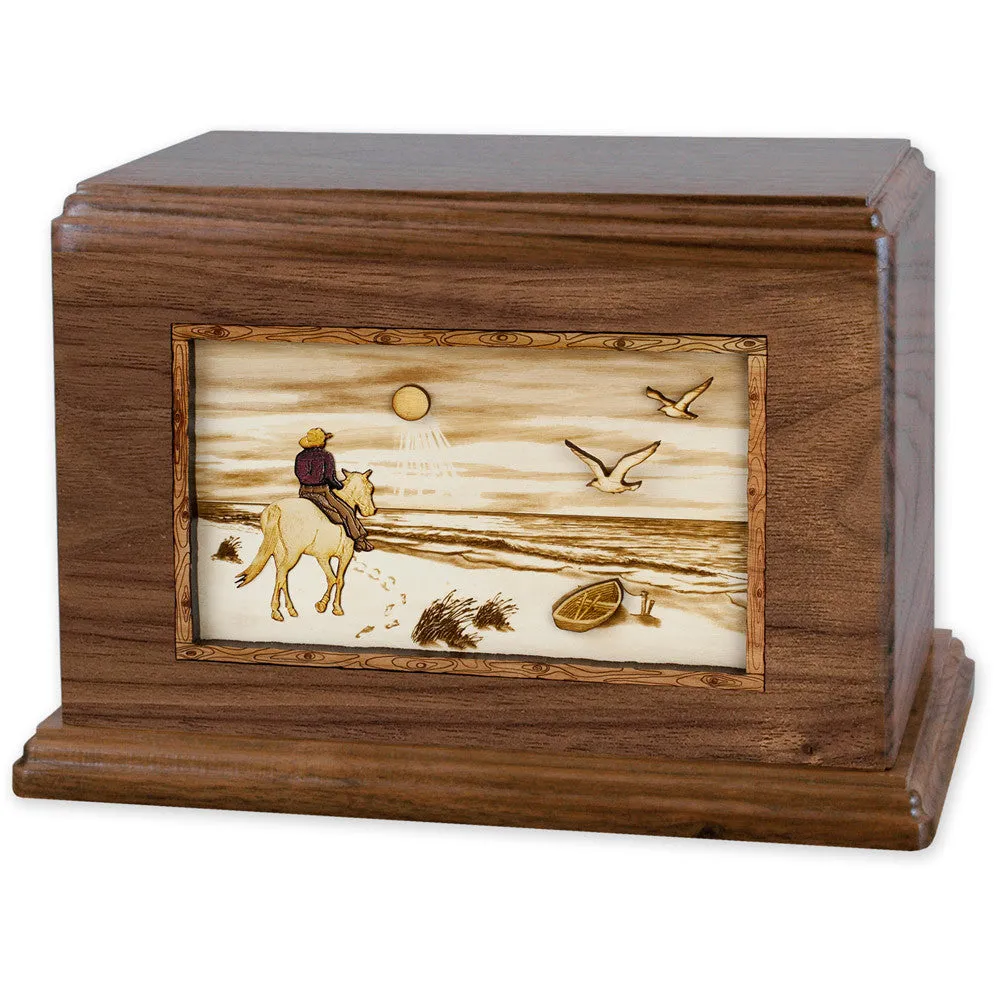 Companion Cremation Urn with Cowboy Horse & Rider 3D Wood Inlay