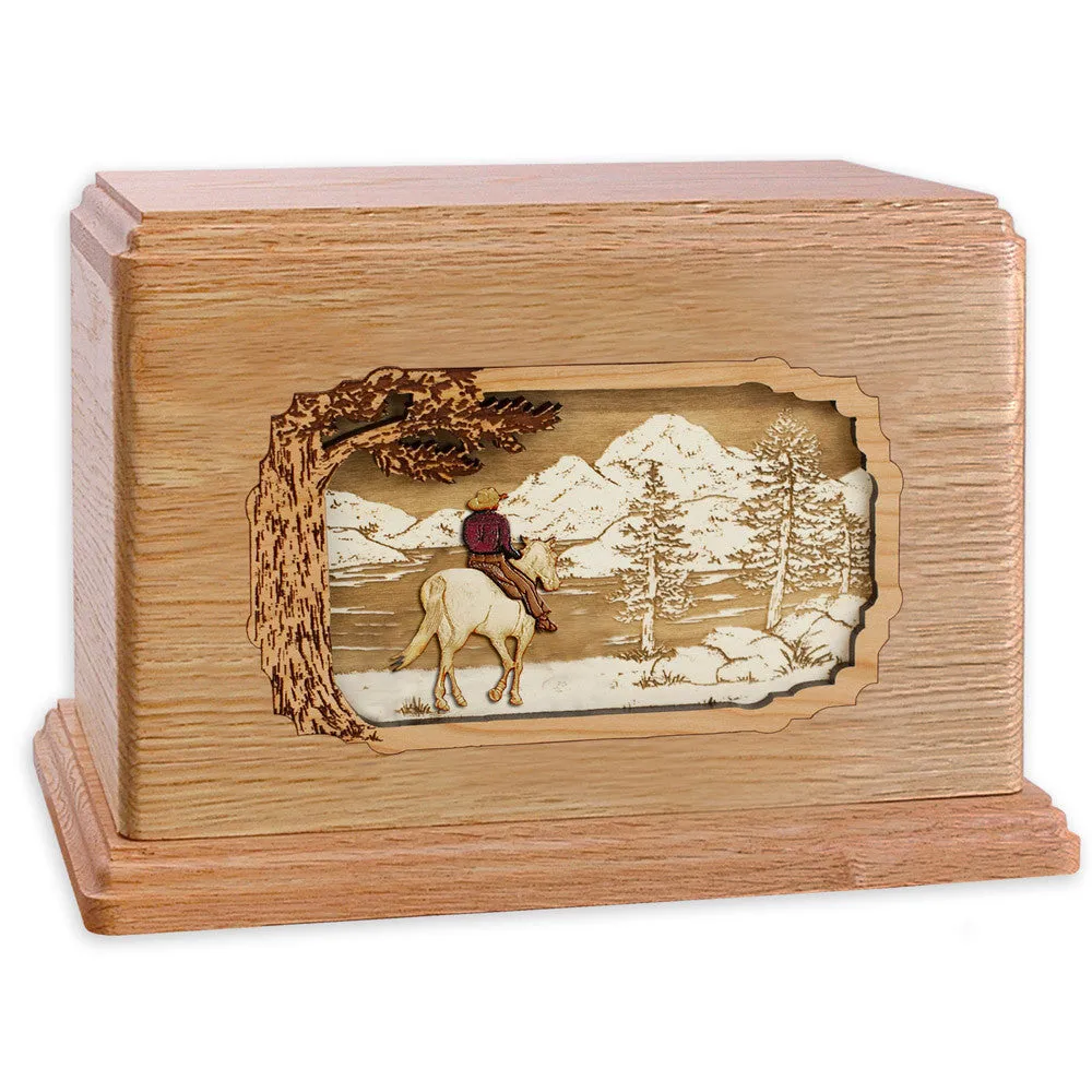 Companion Cremation Urn with Cowboy Horse & Rider 3D Wood Inlay
