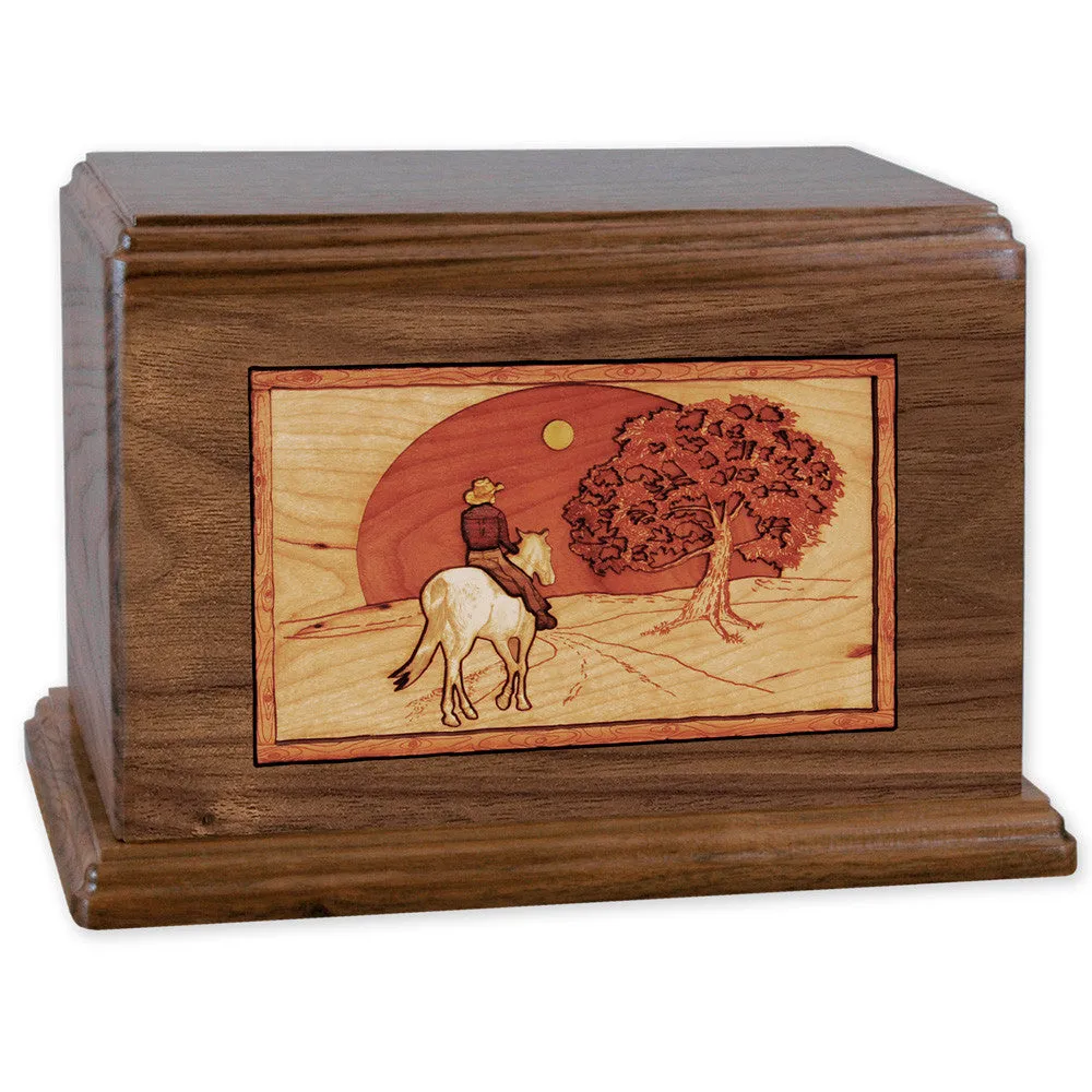 Companion Cremation Urn with Cowboy Horse & Rider 3D Wood Inlay