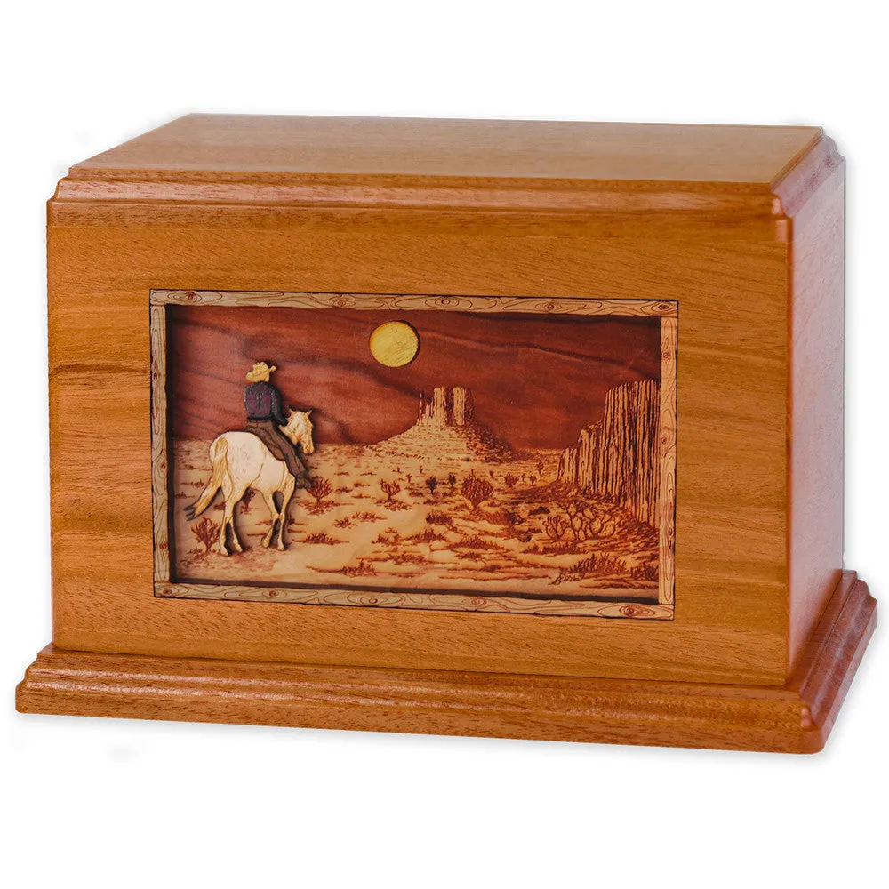 Companion Cremation Urn with Cowboy Horse & Rider 3D Wood Inlay