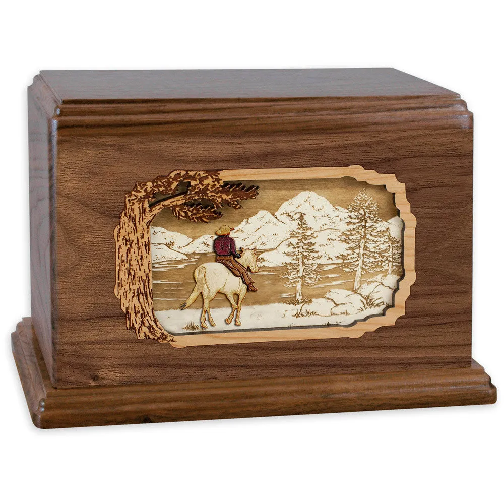 Companion Cremation Urn with Cowboy Horse & Rider 3D Wood Inlay