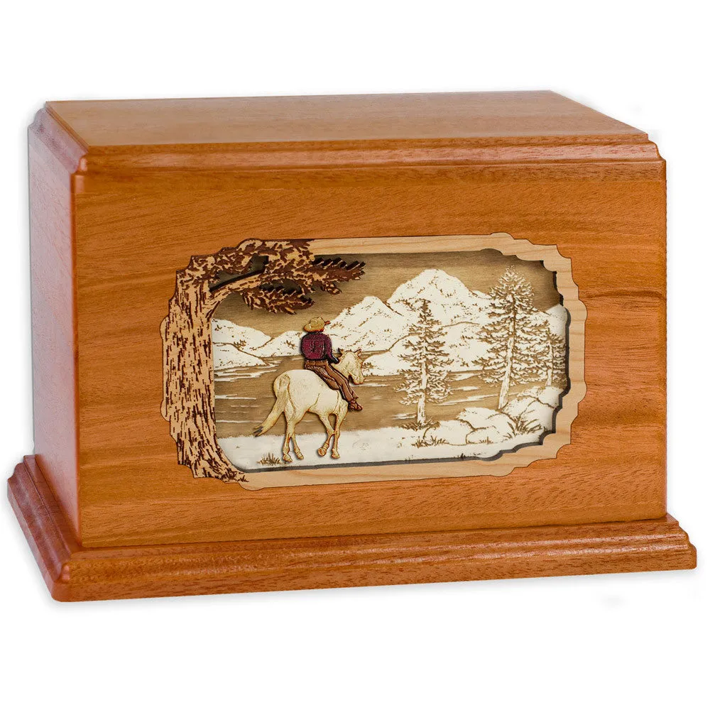 Companion Cremation Urn with Cowboy Horse & Rider 3D Wood Inlay