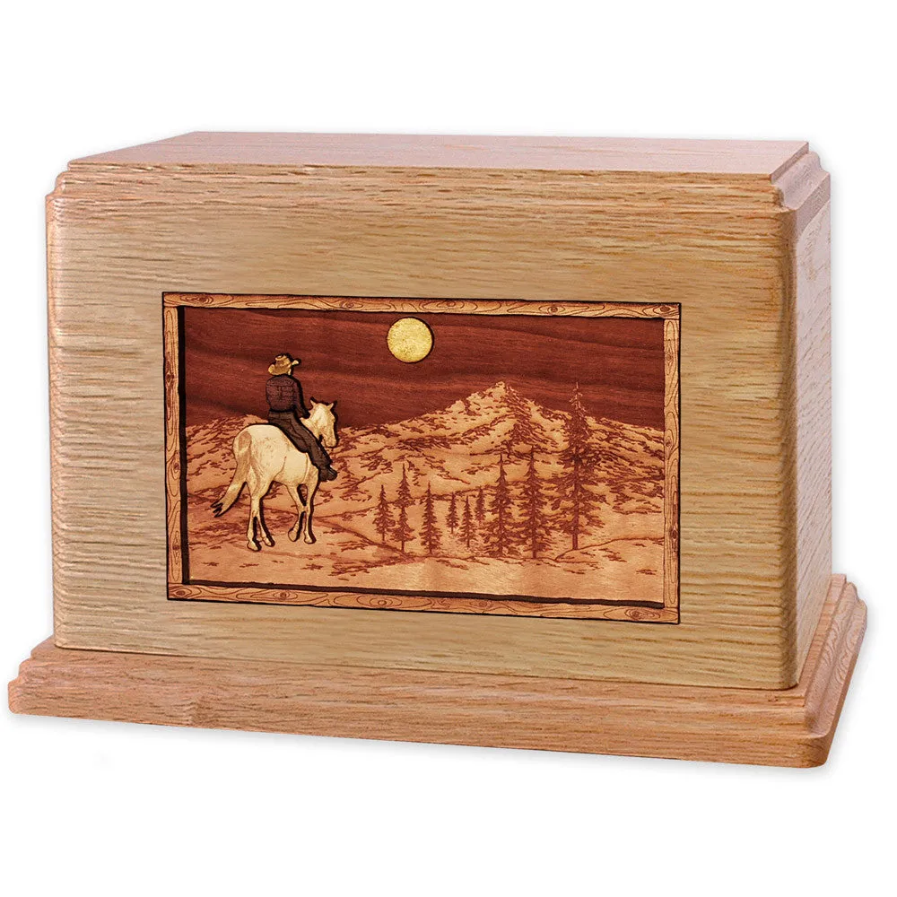 Companion Cremation Urn with Cowboy Horse & Rider 3D Wood Inlay