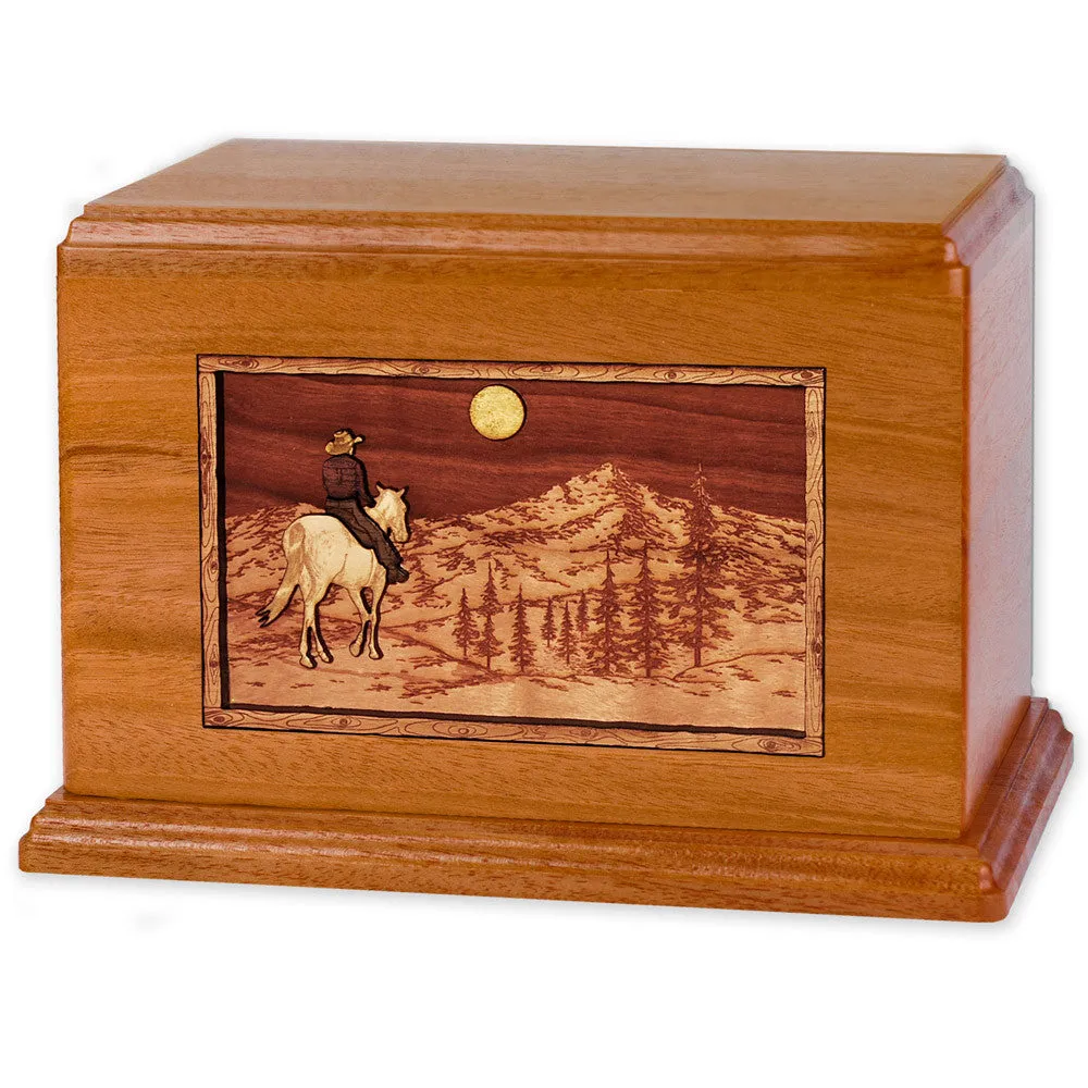 Companion Cremation Urn with Cowboy Horse & Rider 3D Wood Inlay