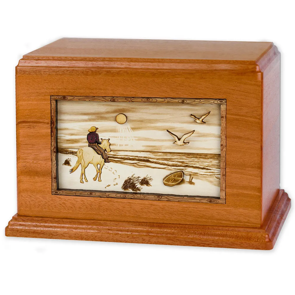 Companion Cremation Urn with Cowboy Horse & Rider 3D Wood Inlay