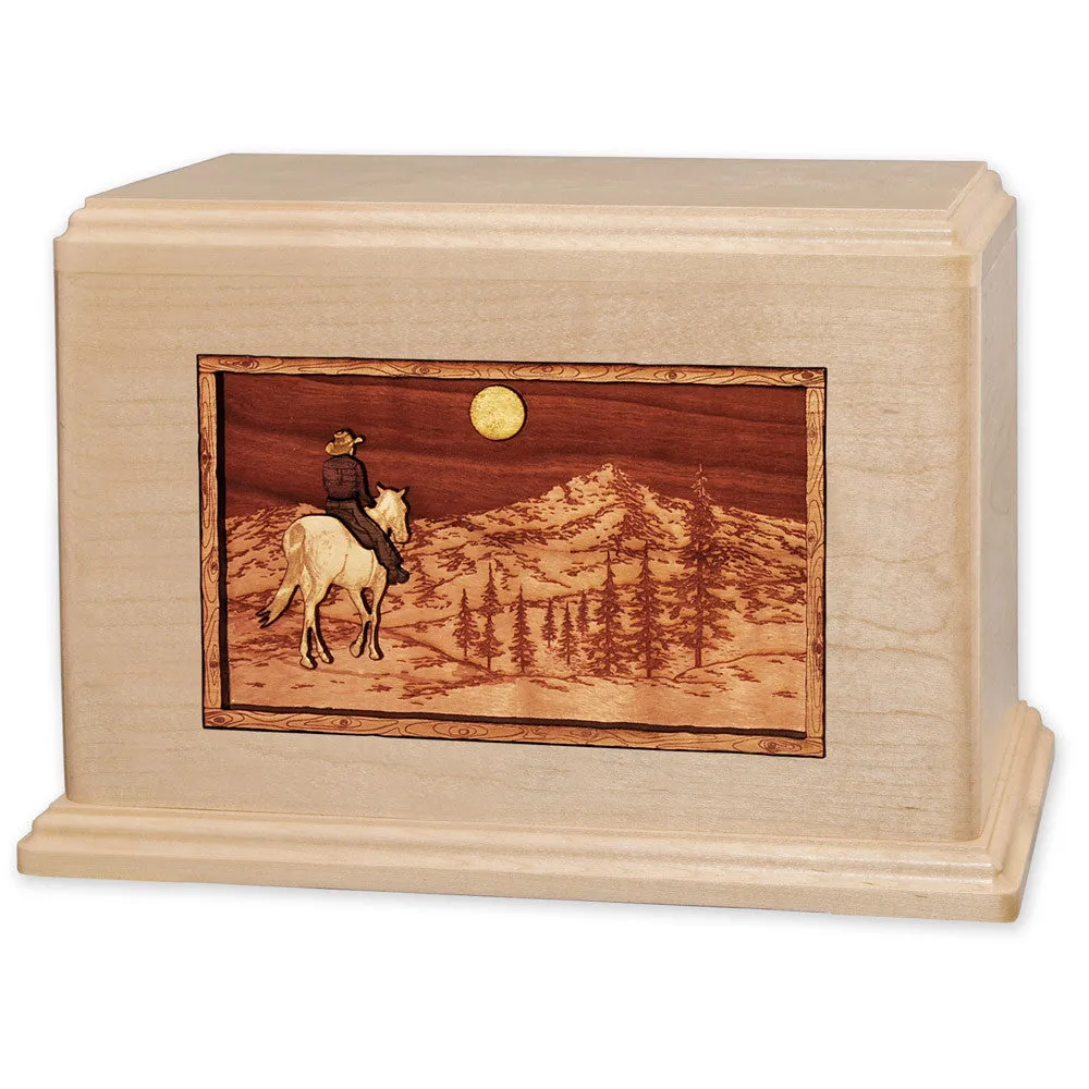 Companion Cremation Urn with Cowboy Horse & Rider 3D Wood Inlay