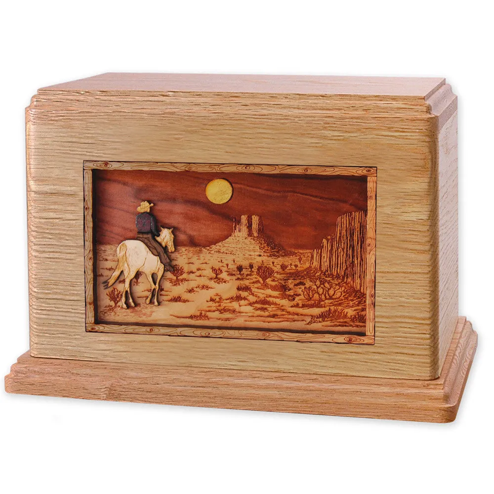 Companion Cremation Urn with Cowboy Horse & Rider 3D Wood Inlay