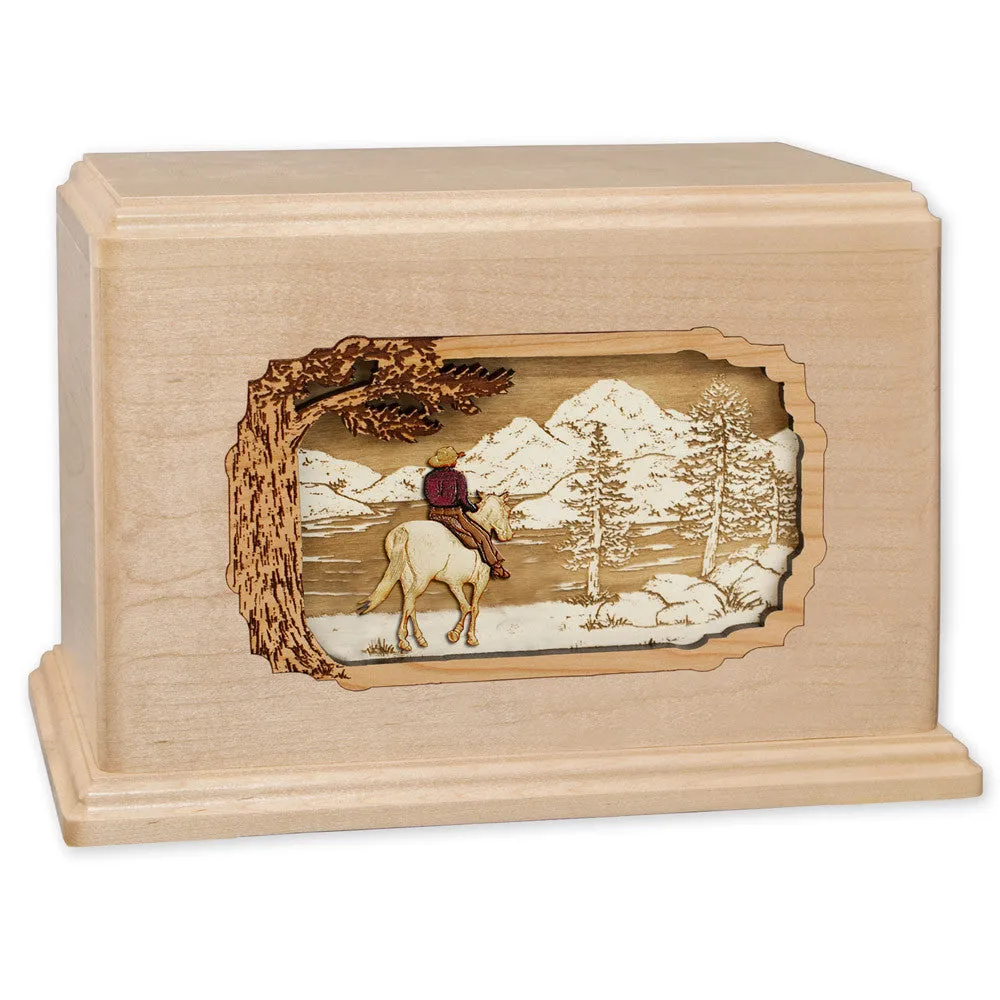 Companion Cremation Urn with Cowboy Horse & Rider 3D Wood Inlay