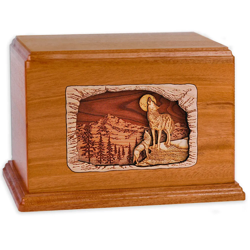 Companion Cremation Urn with Howling Wolves Inlay Art Scene