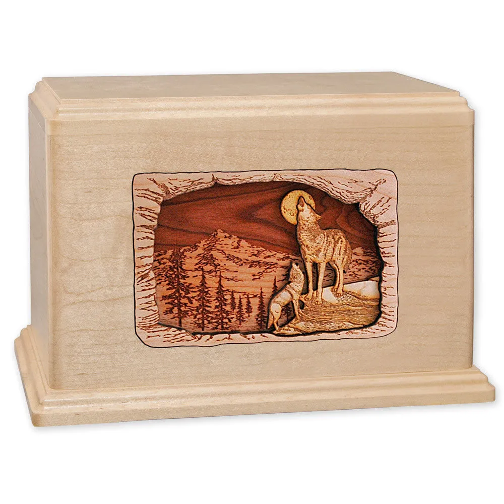 Companion Cremation Urn with Howling Wolves Inlay Art Scene
