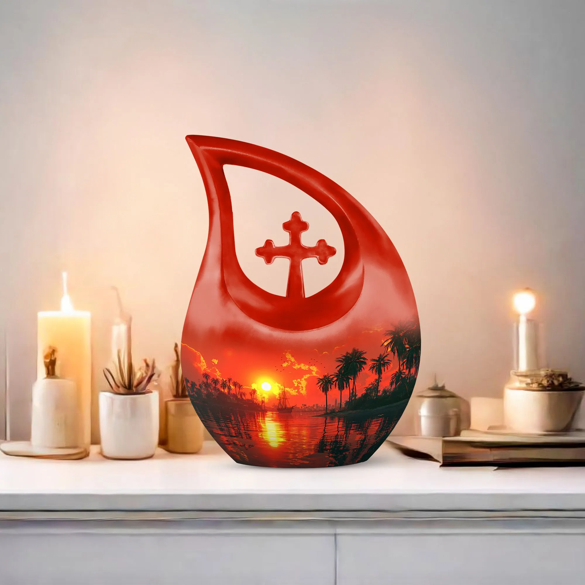 Crimson Moon Urn : Aluminium Human Urn with Cross Drop Design