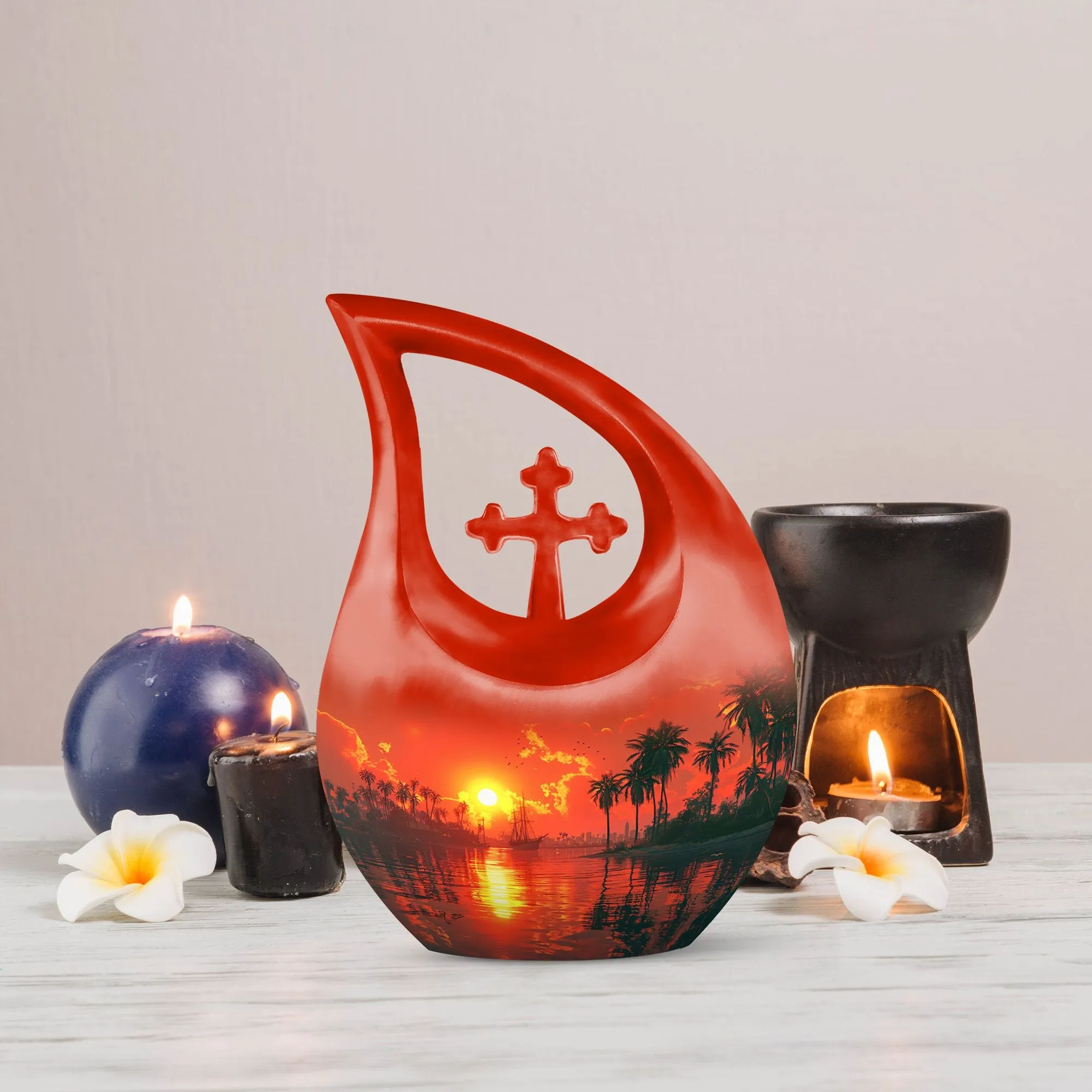 Crimson Moon Urn : Aluminium Human Urn with Cross Drop Design