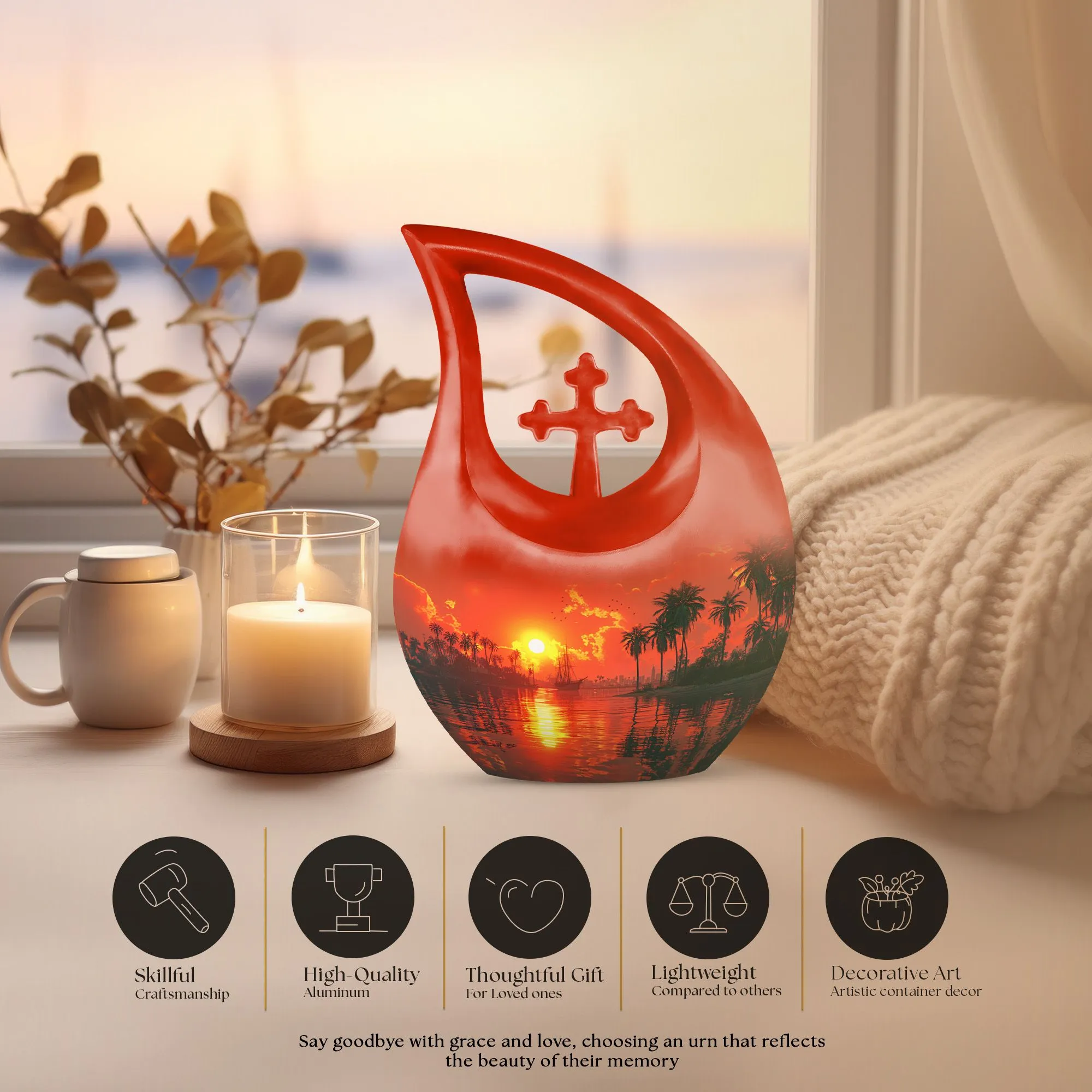 Crimson Moon Urn : Aluminium Human Urn with Cross Drop Design