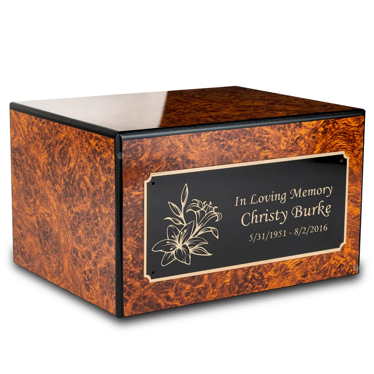 Custom Engraved Heritage Burl Adult Cremation Urn Memorial Box for Ashes
