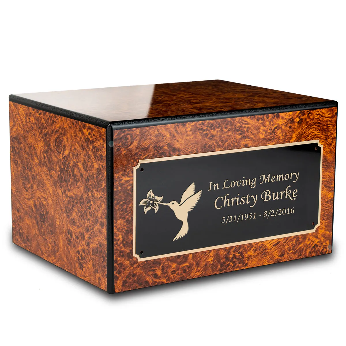 Custom Engraved Heritage Burl Adult Cremation Urn Memorial Box for Ashes