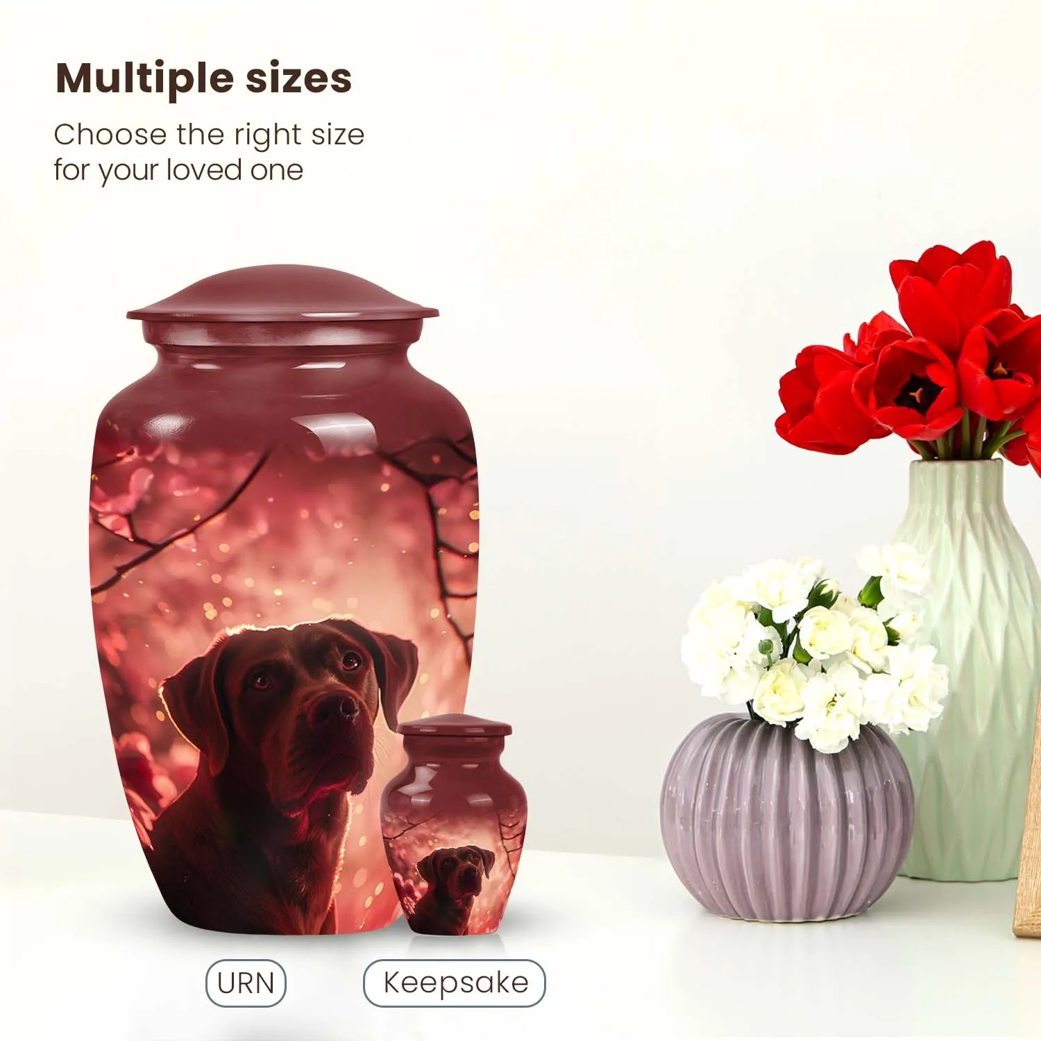 Dog in Glowing Red Blossoms Urn Memorial Urn for Ashes